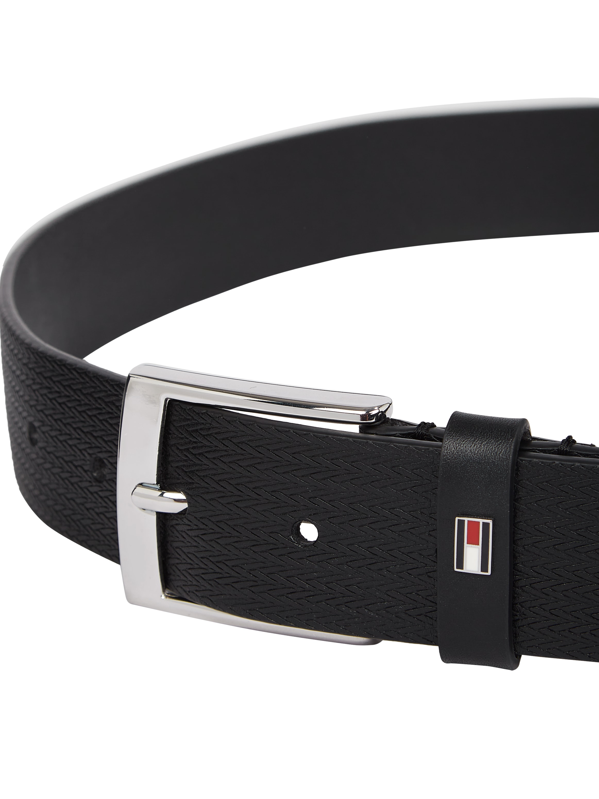 Tommy Hilfiger Ledergürtel »ADAN HERRINGBONE 3.5«, Einfachdornschließe, Metallpatch