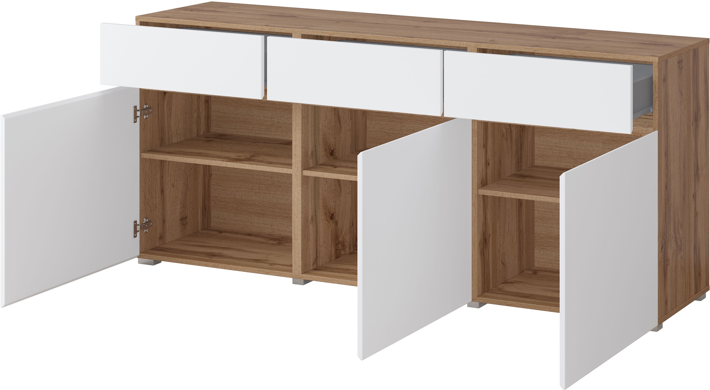 INOSIGN Kommode »Cross,Breite 180 cm, moderne grifflose Kommode,3 Türen/3 Schubkästen«, Schubladenschrank mit viel Stauraum, Einlegeböden verstellbar