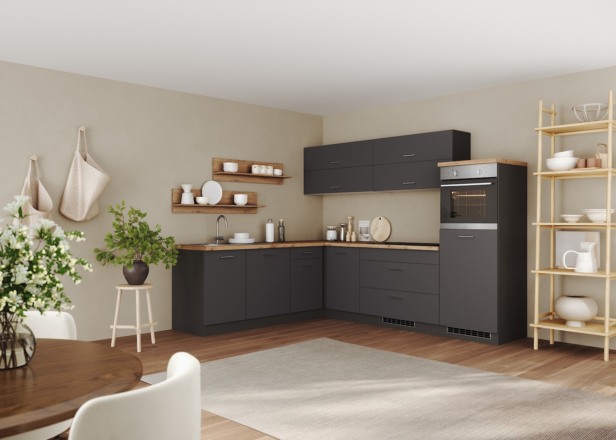 KOCHSTATION Winkelküche »KS-Milan, optional mit Muldenlüfter« Stellbr.270/220 cm, wahlweise mit E-Geräten, Kochfeld mit Dunstabzug