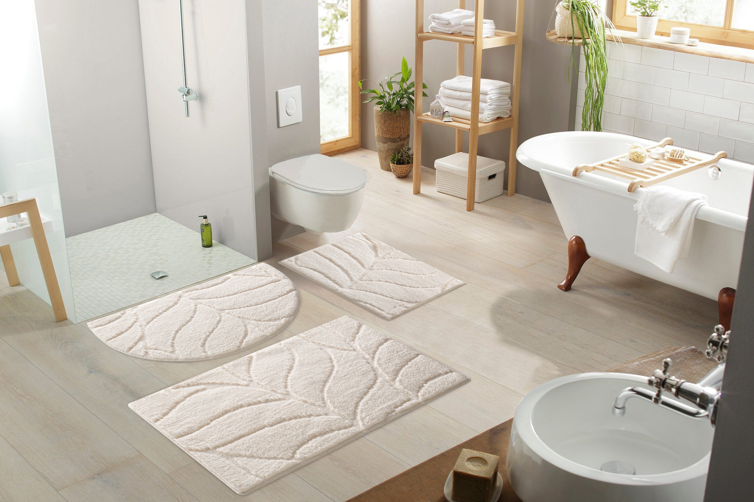 my home Badematte »Epense, Badvorleger, Badezimmer Teppich, Duschvorleger«, fußbodenheizungsgeeignet-schnell trocknend, Badteppich, Uni Farben, Blätter, Hoch-Tief Effekt