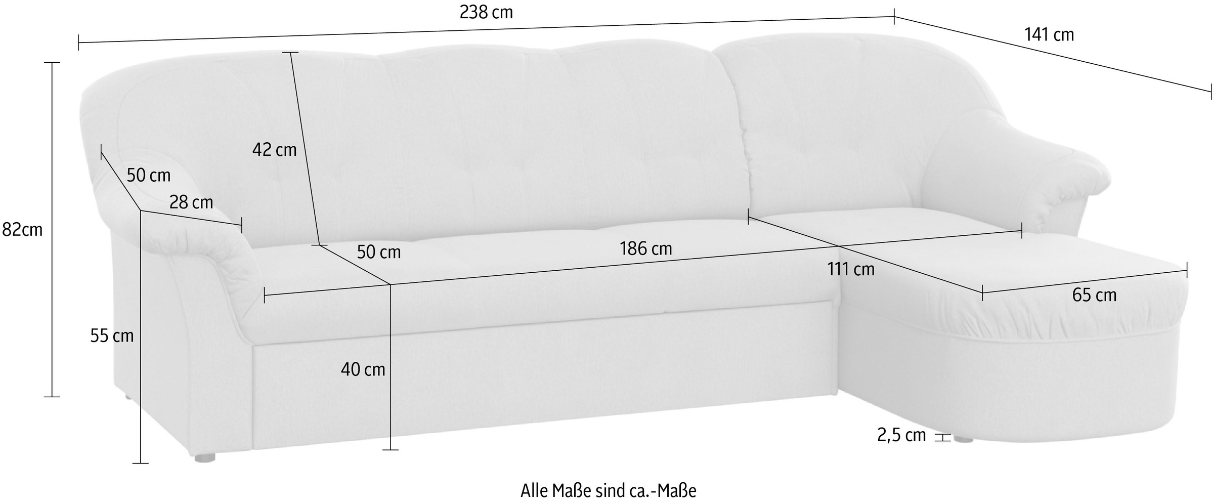 DOMO collection Ecksofa »Pegnitz, elegante Rückensteppung, kompakte Stellmaße 238/141cm, L-Form«, wahlweise mit Bettfunktion