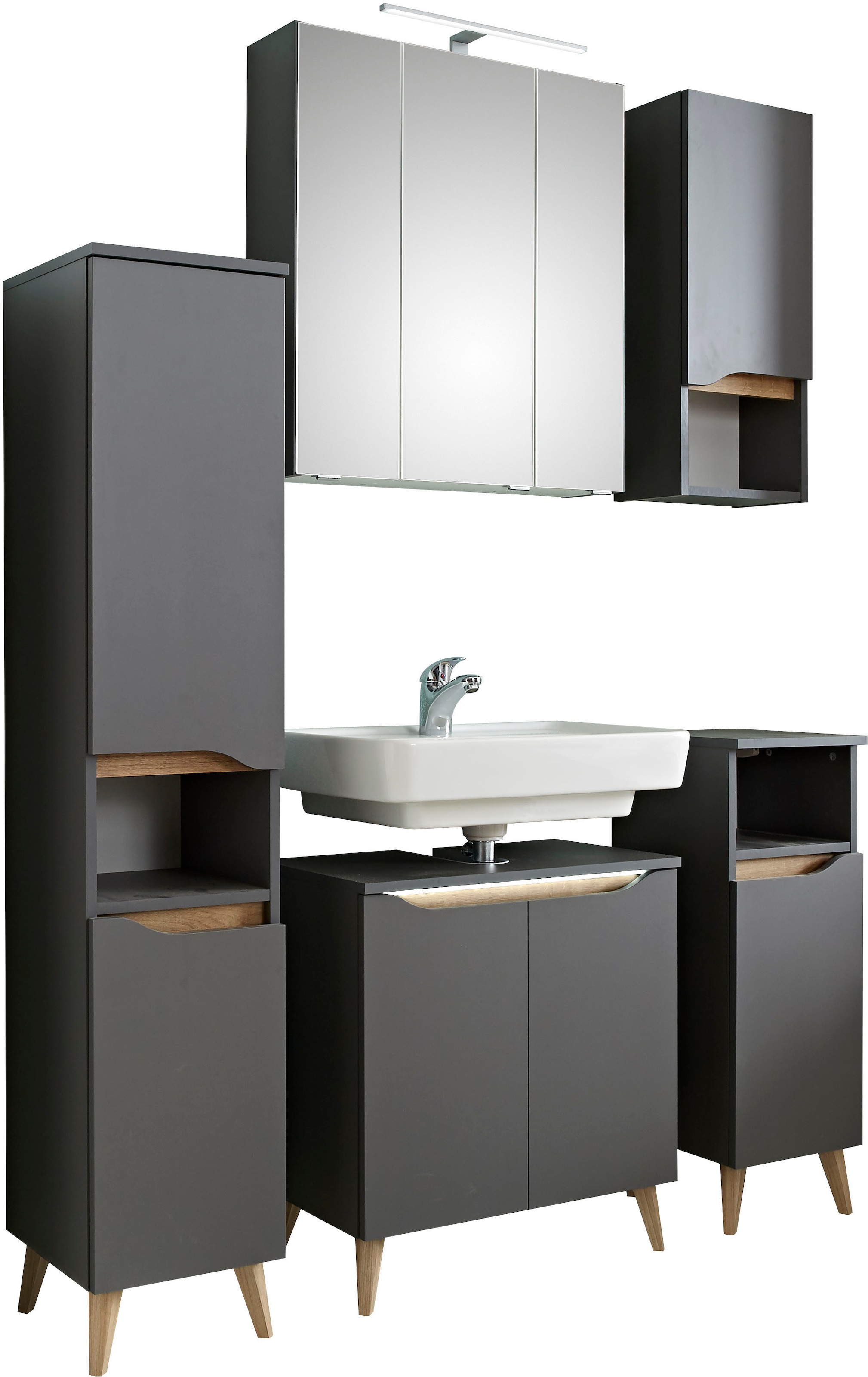 Saphir Badmöbel-Set »Quickset 5-teilig, Waschbeckenunterschrank mit LED-Spiegelschrank« 6 Stk. tlg.