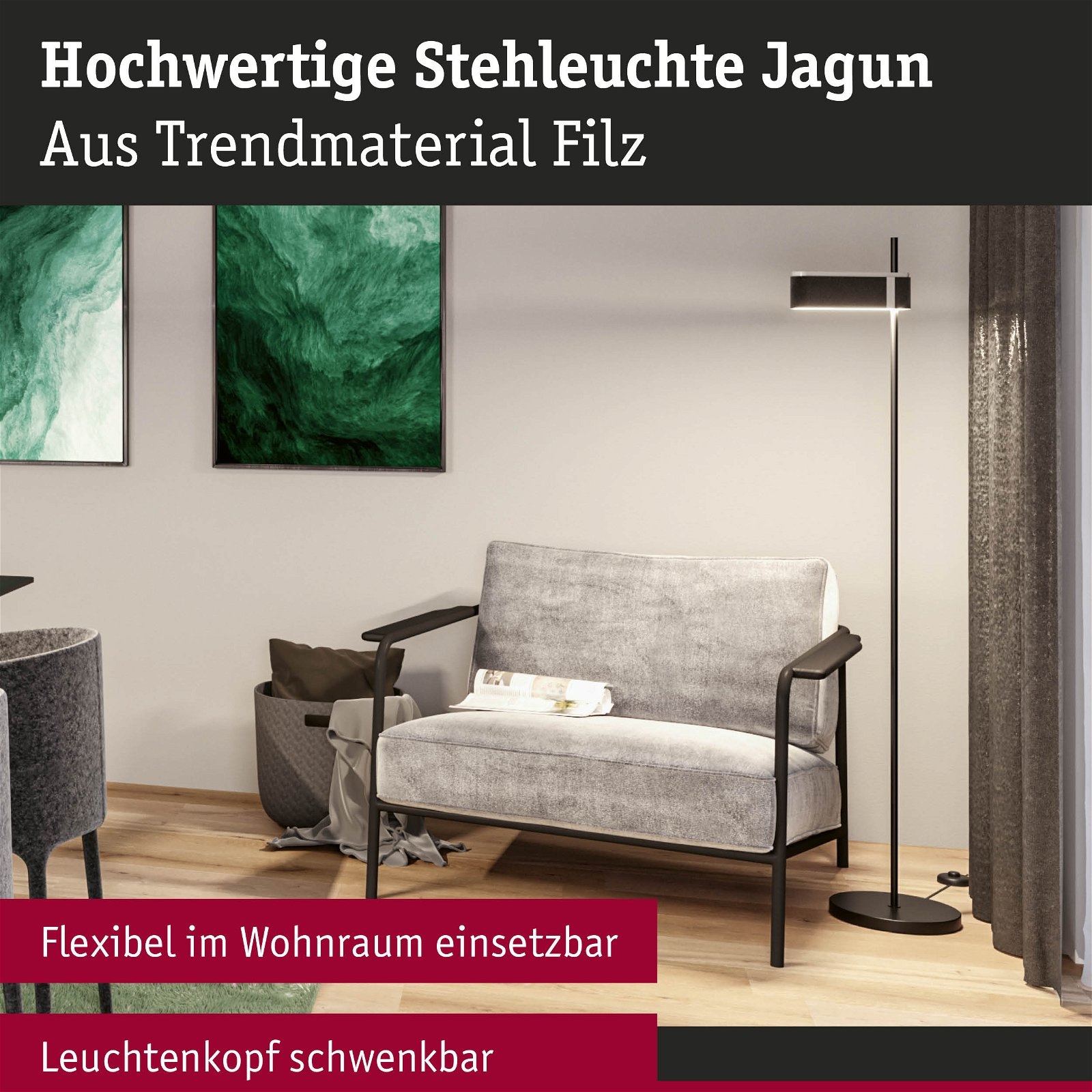Paulmann LED Stehlampe »Jagun 2700K 1250lm 20,4W Anthrazit Filz, Kunststoff, Metall«, 1 flammig, 3-Step-Dim