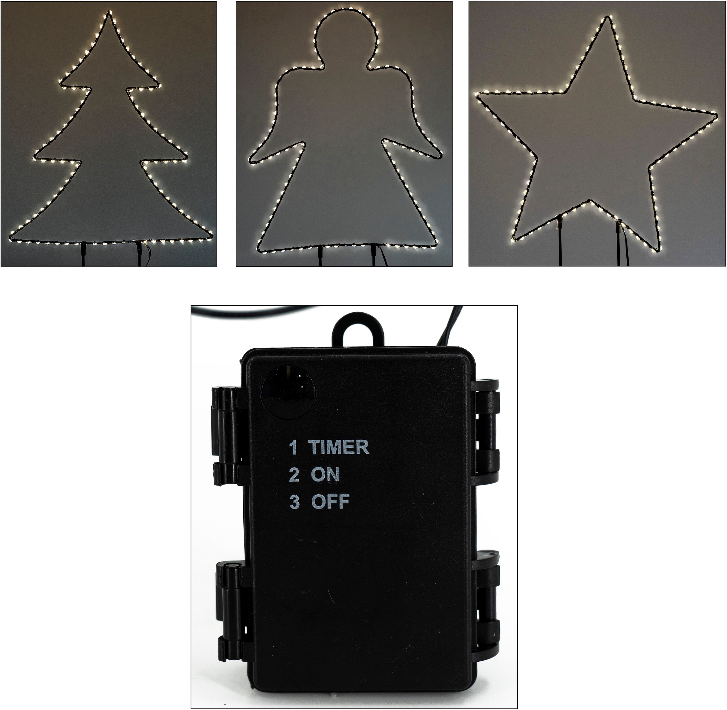 NOOR LIVING Dekolicht »LED Weihnachtsdeko aus Metall, zum Stecken«, Gartenstecker im 3er Set (bestehend aus Engel, Stern und Baum)