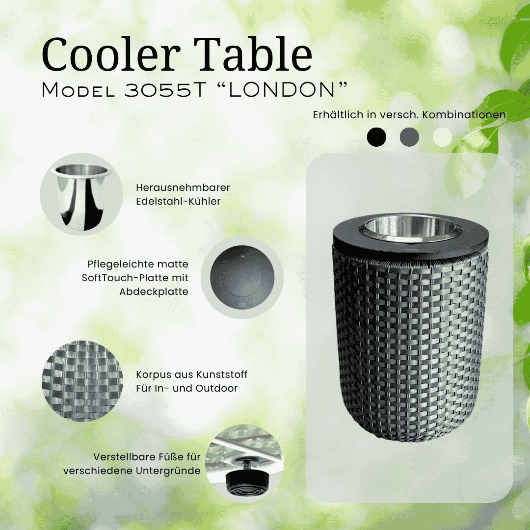 COOTAB Cooler Table Beistelltisch »4-in-1 Loungetisch mit Edelstahl-Kühler London 50 cm« 1 Stk. tlg. Wetterfest, Pflegeleicht, Hitzebeständig, Verstellbare Füße