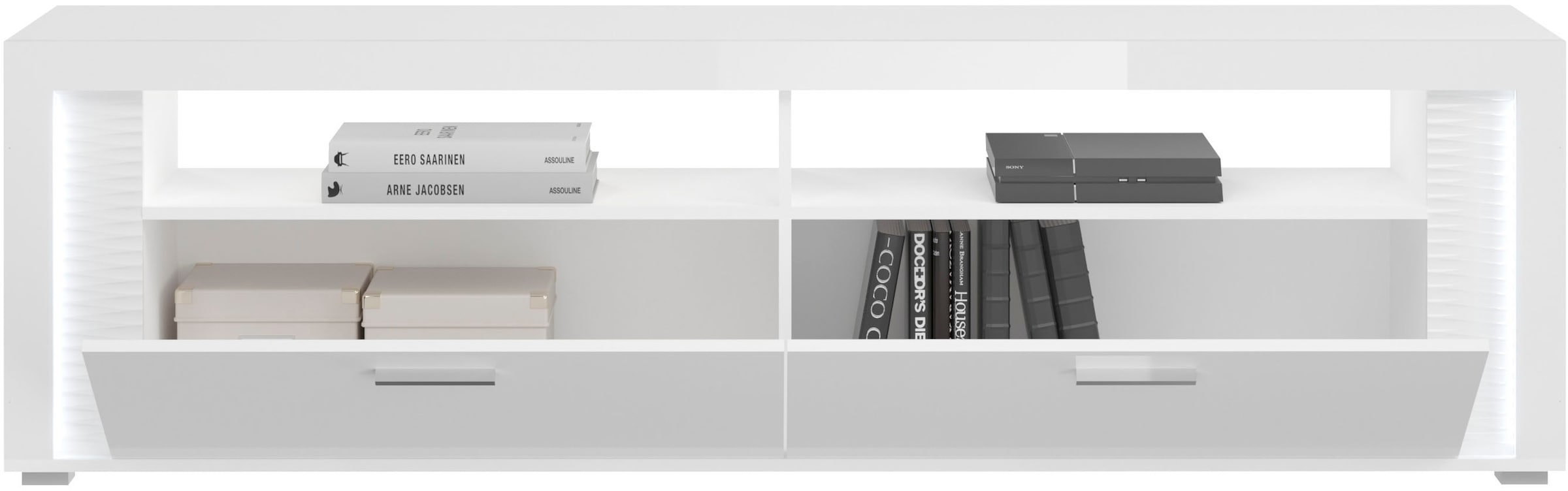 INOSIGN Lowboard »Viborg, Breite 201 cm, inkl. vertikaler Frontbeleuchtung, 2 Klappen«, je 2 offene & geschlossene Fächer, TV-Möbel, TV-Schrank, TV-Lowboard