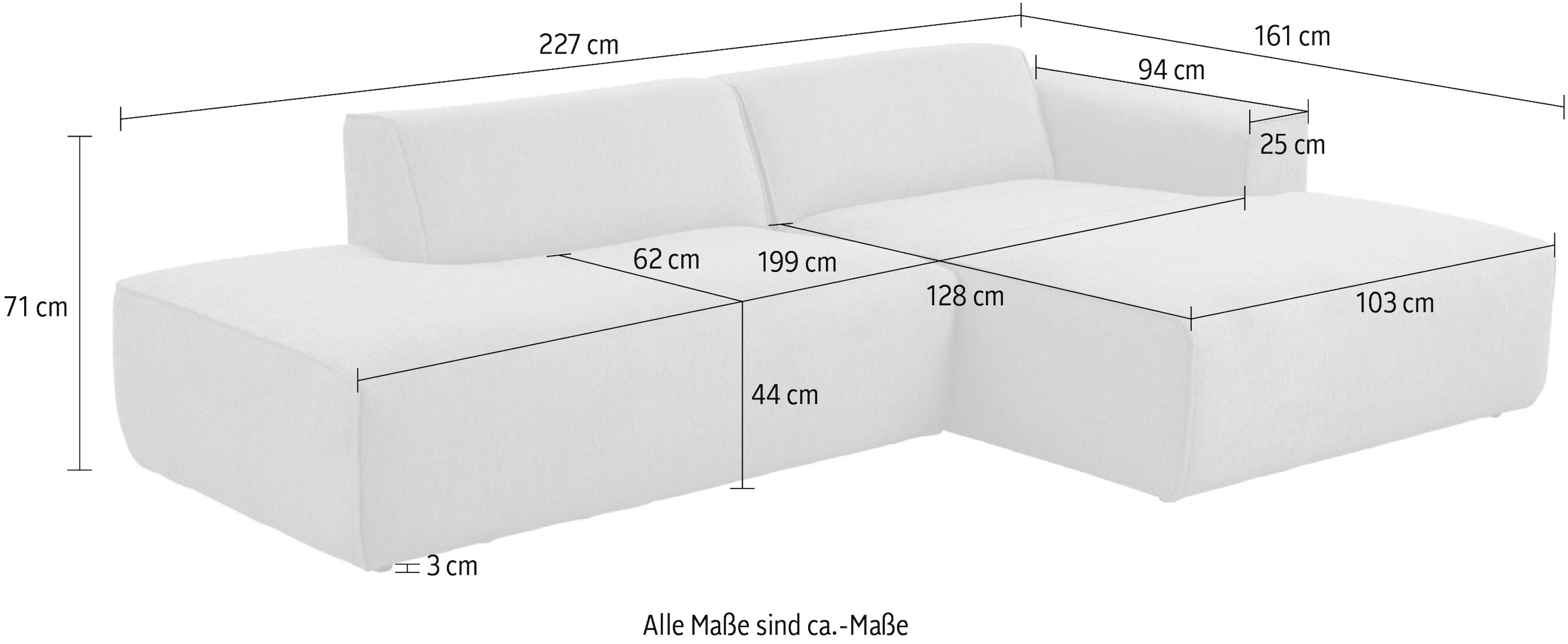 andas Ecksofa »Noord mit Kedernaht, Breite 227 cm«, Cord, Struktur, Webstoff, mit Wellenunterfederung, Massivholzrahmen