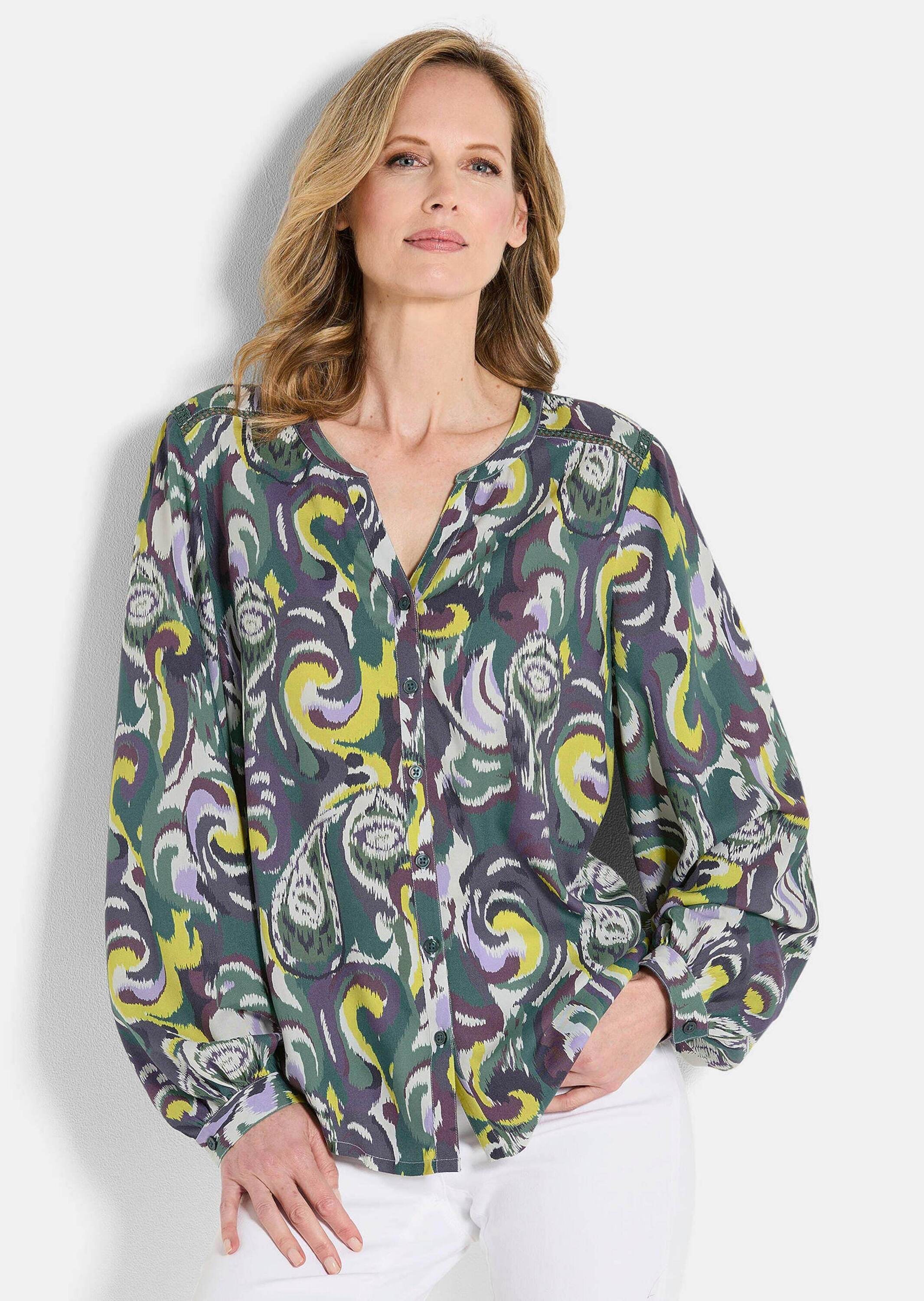 GOLDNER Kurzarmbluse »Kurzgröße Blusentunika mit Häkelband, Langarm« Häkelband