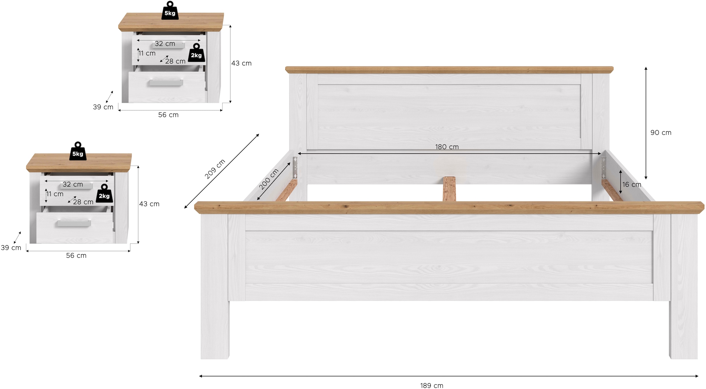 Home affaire Schlafzimmer-Set »COSENZA, 3-teilig., best. aus: Bettgestell & 2x Nachttisch« Matratzengröße 180x200 cm, viel Stauraum, ohne Lattenrost & Matratze, 3 tlg. tlg.