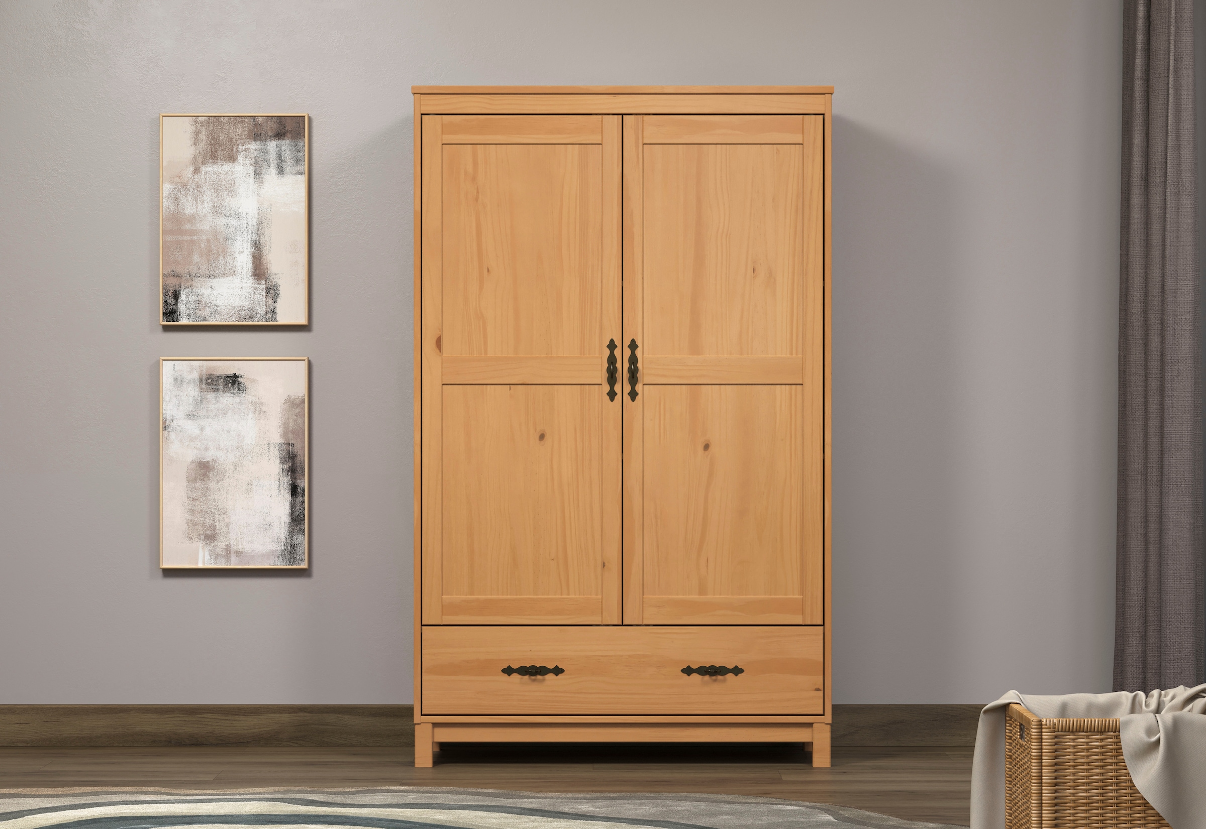 Home affaire Kleiderschrank »Sandnes Kieferschrank Schlafzimmer Schrank TOPSELLER weiß«, (1 St., natürlicher Landhaus-Look B/T/H: 96x38x155cm), Drehtürenschrank aus Massivholz mit besonderen Metallgriffen