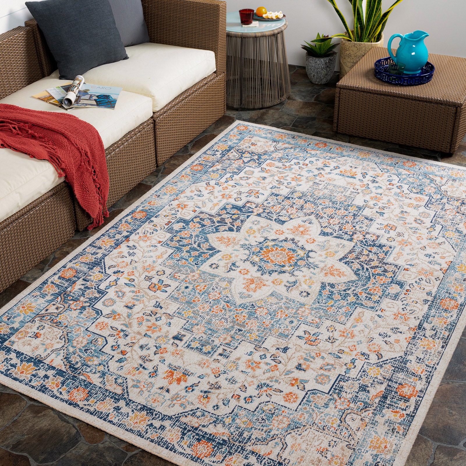 Livabliss Huntington Beach Vintage Blue Beige Orange In- & Outdoor Rug in Navy | Size: 120 cm x 170 cm