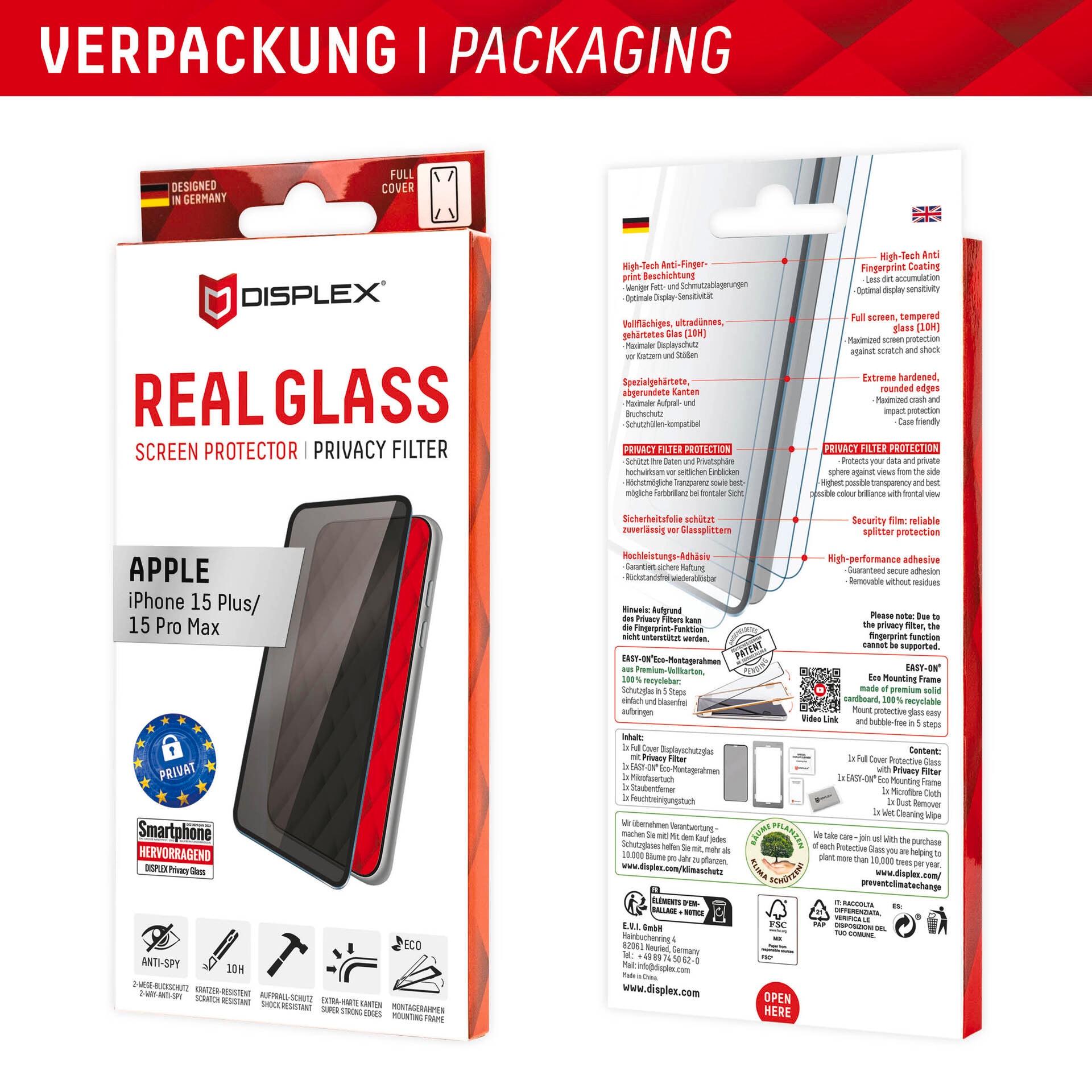 Displex Displayschutzglas »Privacy Glass«, für Apple iPhone 15 Plus-Apple iPhone 15 Pro Max, Blickschutz Displayschutzfolie Displayschutz kratzer-resistent 10H