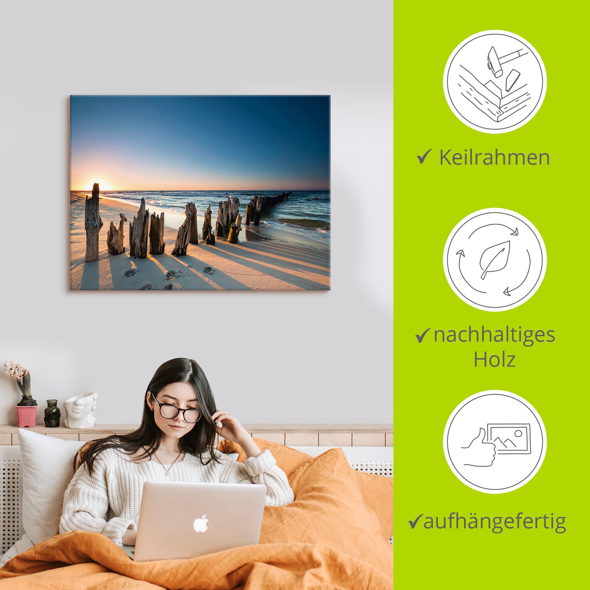 Artland Wandbild »Sonnenuntergang Strand Wellenbrecher«, Meer Bilder, (1 St.), als Alubild, Outdoorbild, Leinwandbild, Poster, Wandaufkleber