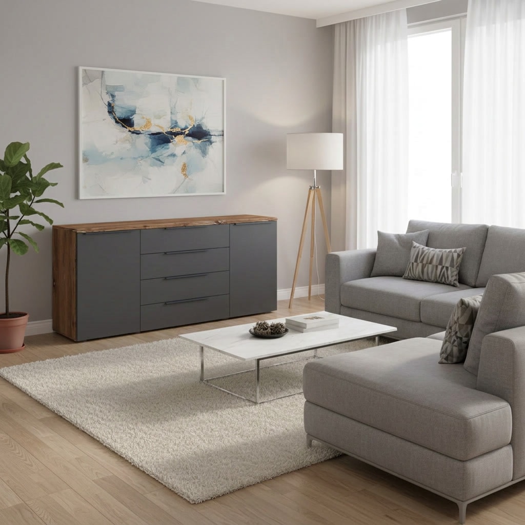 borchardt Möbel Sideboard »Tom, moderne Kommode mit dunklen Metallgriffen« 166cm, 2 Türen 4 Schubfächer, variable Einlegeböden, viel Stauraum