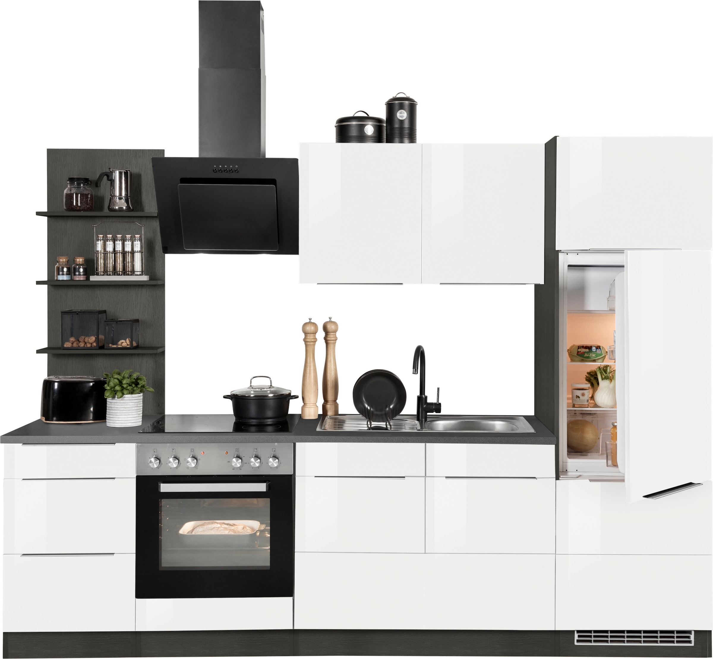 KOCHSTATION Küchenzeile "KS-Brindisi" Breite 270 cm, wahlweise mit E-Geräten, mit MDF-Fronten und Regal