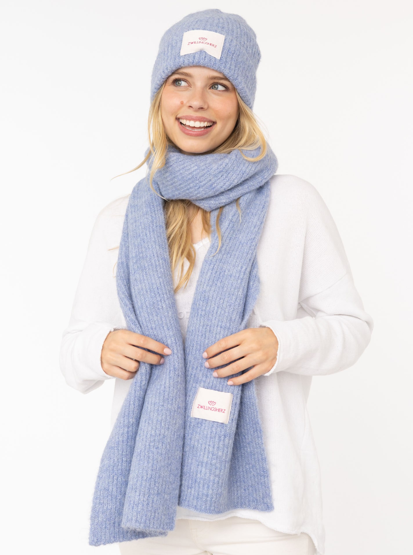 Zwillingsherz, Damen, Strickmütze »" Patch"« gerippt, mit Wolle und Umschlag, mit Patch, Jeansblau, Jeansblau, Damenmütze von Zwillingsherz