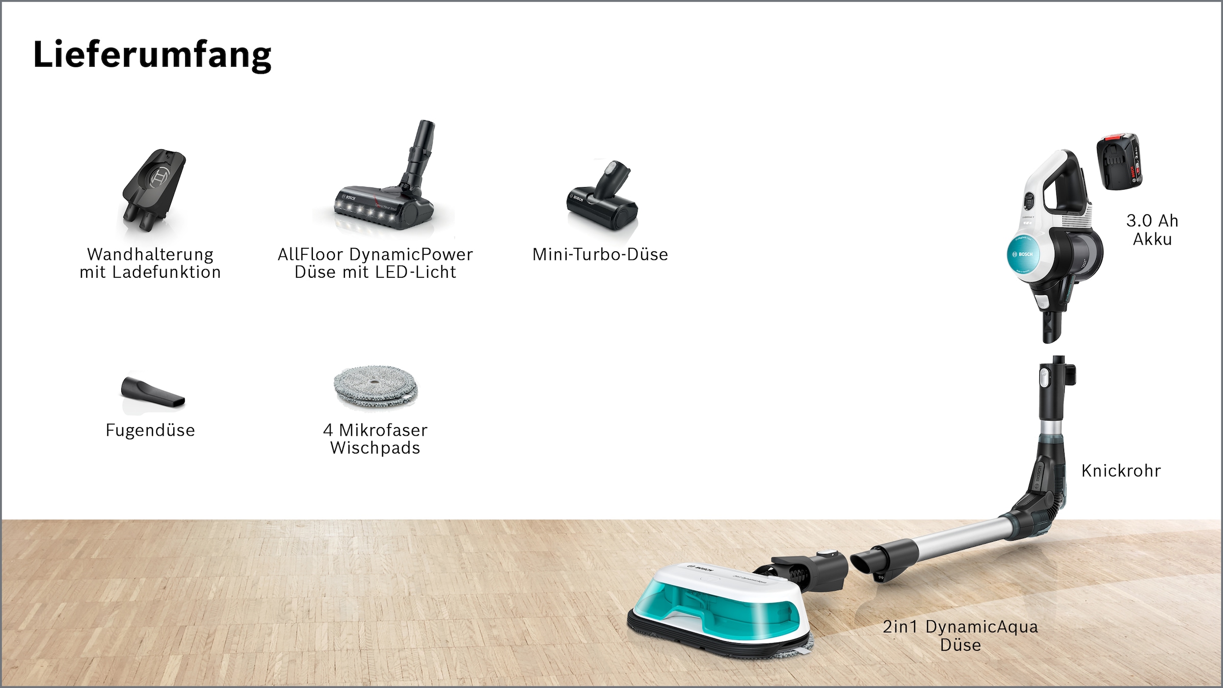 BOSCH Akku-Stielstaubsauger »Unlimited 7 ProHygienic Aqua BKS71HYG4, 2in1 Saugen & Wischen« Knickrohr, Hygiene-Filter, 10 J. Motorgarantie, Mini-Turbo-Düse, weiß