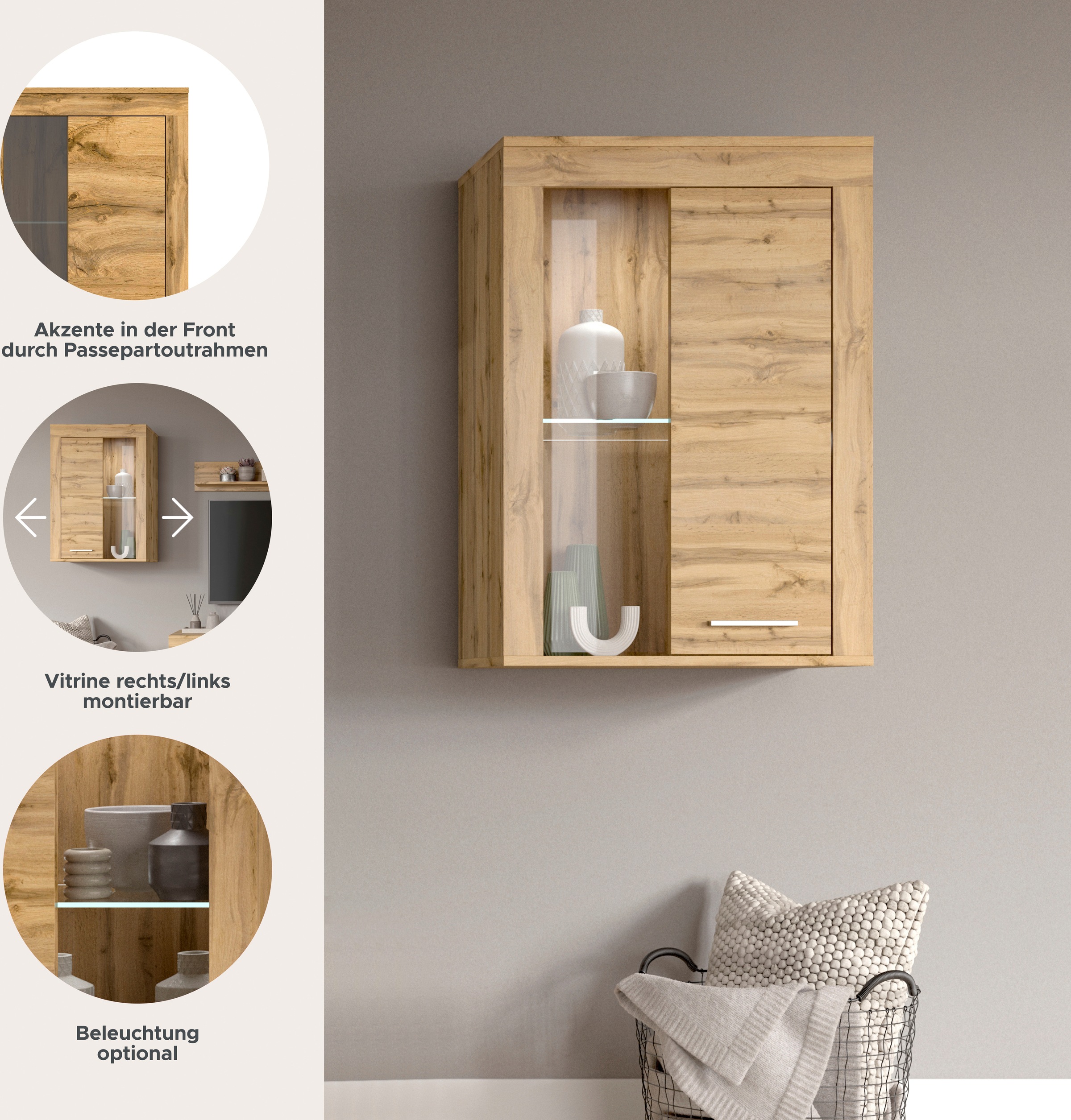 INOSIGN Vitrine »Aosta, Breite 60 cm, stehend oder hängend, in verschiedenen Farben«, Türanschlag wechselbar, 1 Glaseinlegeboden, Hängeeitrine, Standvitrine