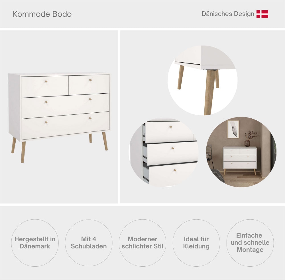 andas Kommode »Bodo, Aufbewahrung, Schubladenschrank, Stauraum, modern, Breite 99 cm« 4 Schubladen, Weiß oder Schwarz, Beine und Griffe aus Echtholz