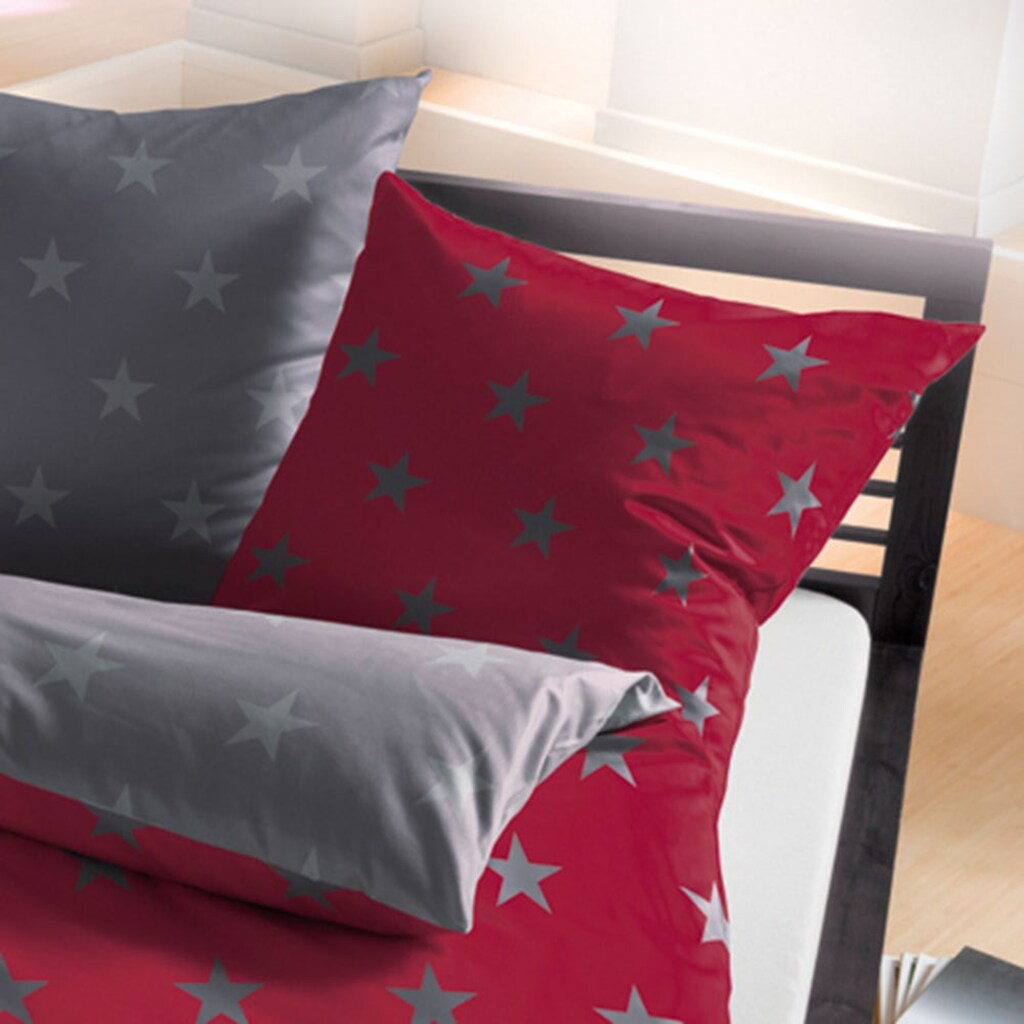 BETTWARENSHOP Wendebettwäsche »Stars in Biber (Flanell) Qualität, 100% Baumwolle, Bett- und Kopfkissenbezug mit Reißverschluss, wärmende Winterbettwäsche, ganzjährig einsetzbar«, (2 tlg.)