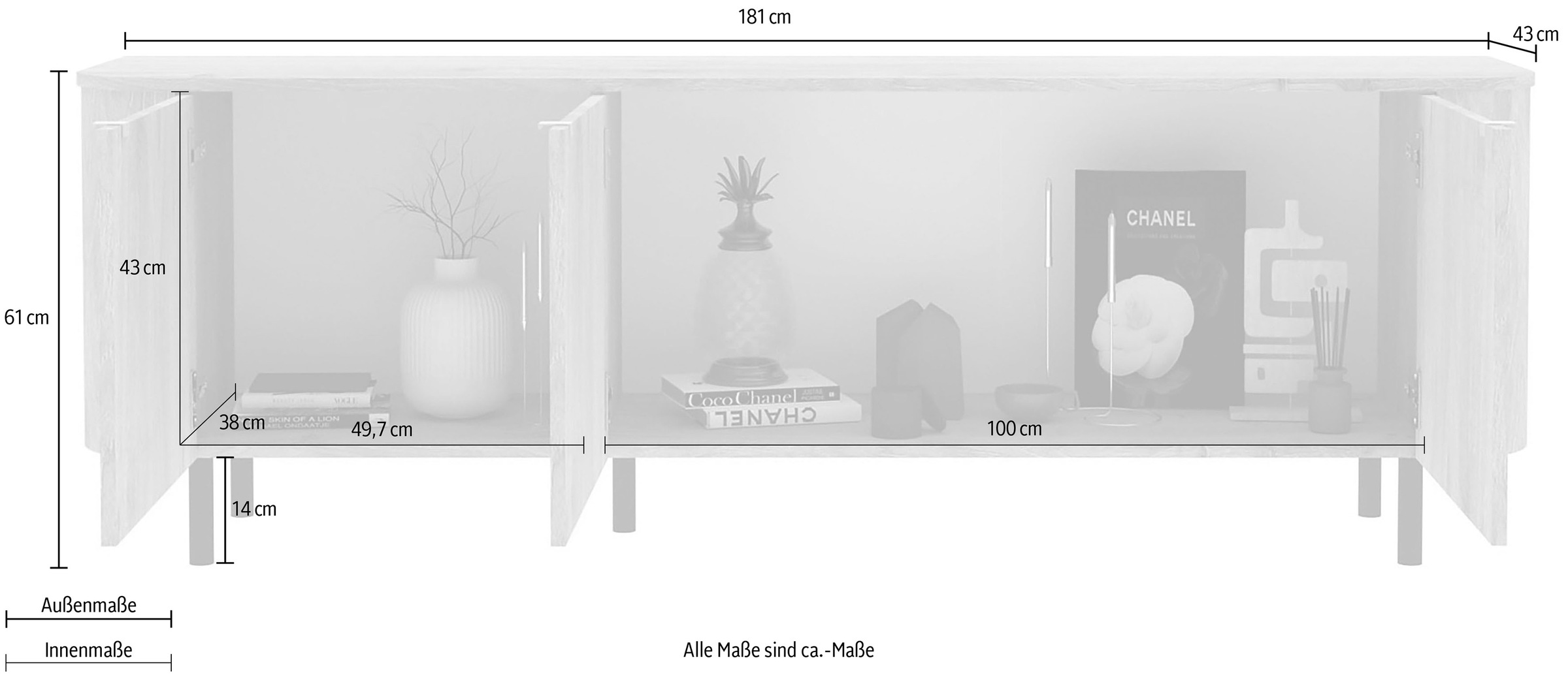 Home affaire Lowboard »Murano, 181 cm breit, 3 Türen, TV-Schrank, TV-Kommode, Medienboard« Formgebogenes MDF, Stirnseiten mit Rundung, Füße und Griffe aus Metall