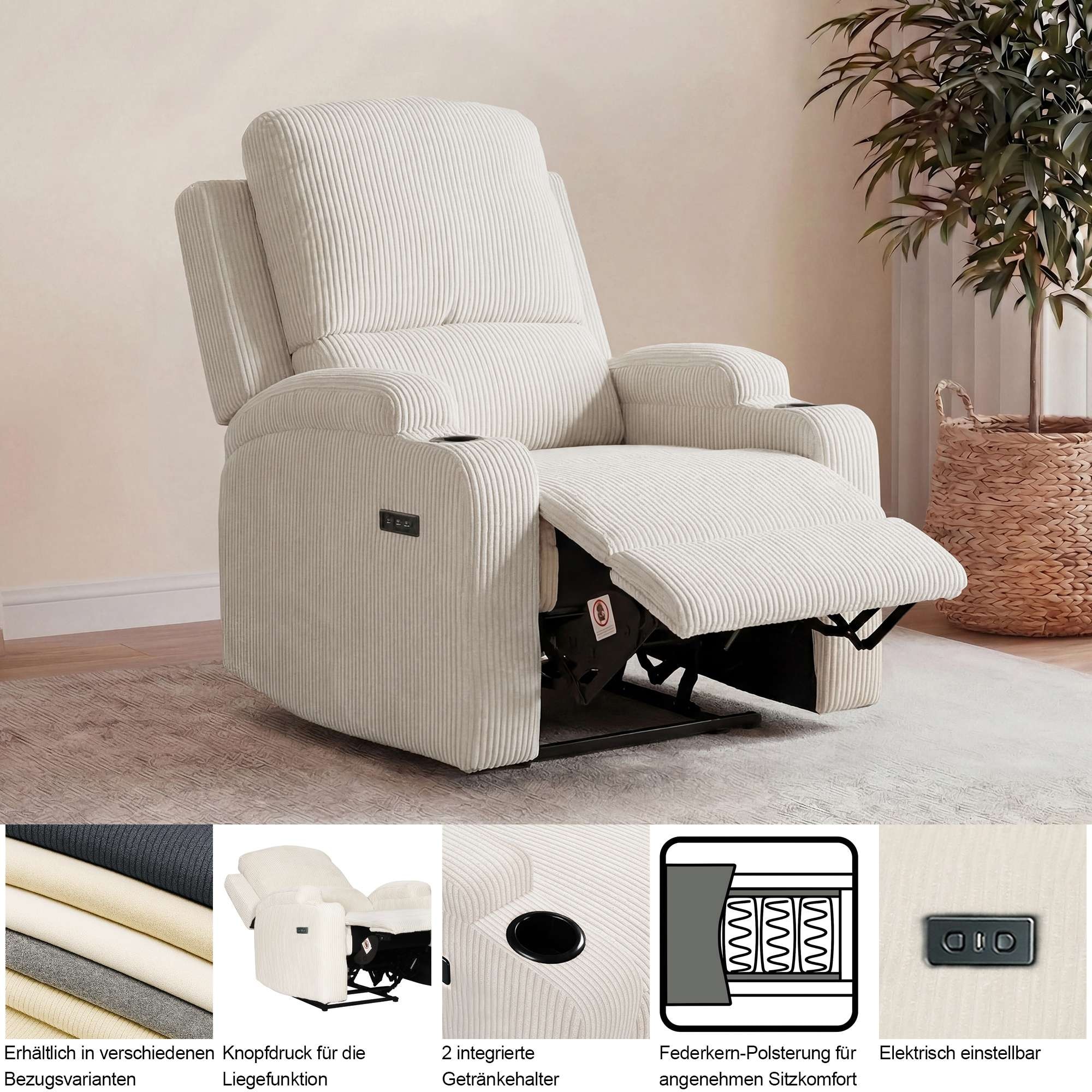 OTTO home Relaxsessel »NAPORI Microfaser, Kinosessel, Multimedia-Sessel« TV-Sessel mit manueller u elektrischer Relaxfunktion u. Getränkehalter
