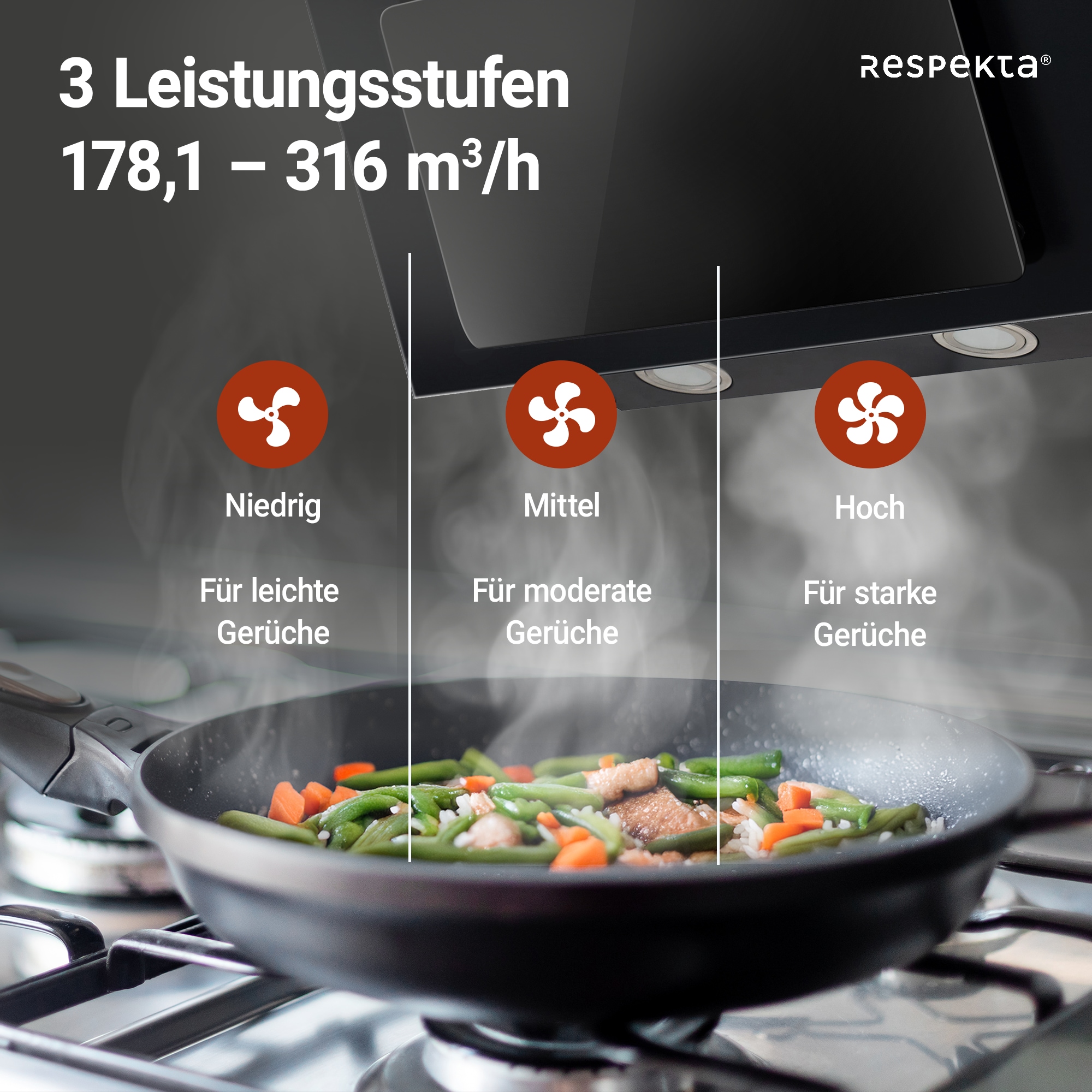 RESPEKTA Kopffreihaube »CH 33060«, 60 cm, 3 Leistungsstufen, LED-Beleuchtung, Ab- und Umluftfähig