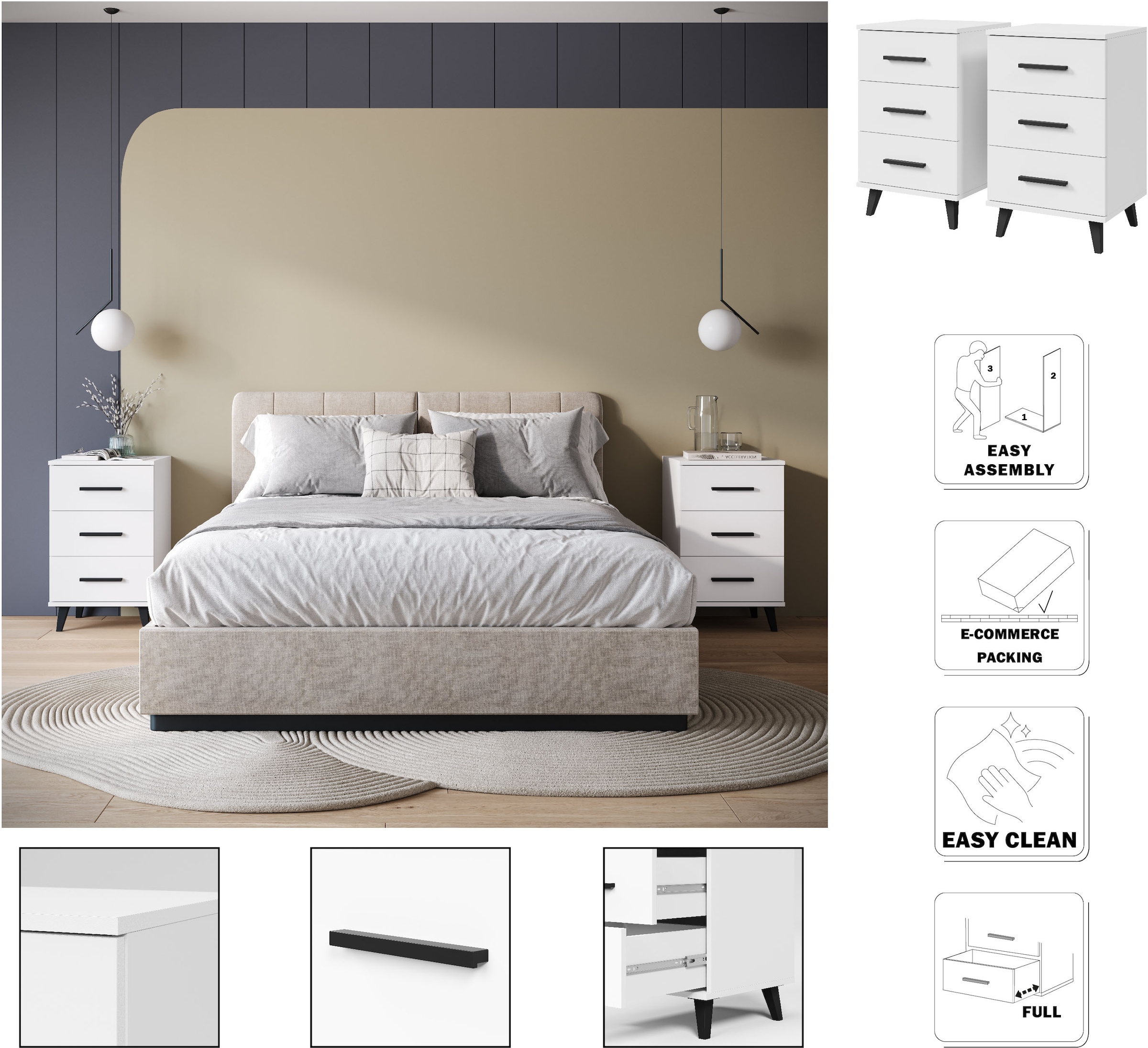INOSIGN Nachtkommode »Lagos, 2 Nachtschränke, 3 Schubladen, schwarze Griffe & Füße«, (Set, 2 St., 2 wunderschöne Nachttische im Set), modernes Design, B/T/H je 40/35/65 cm, pflegeleichte Oberfläche