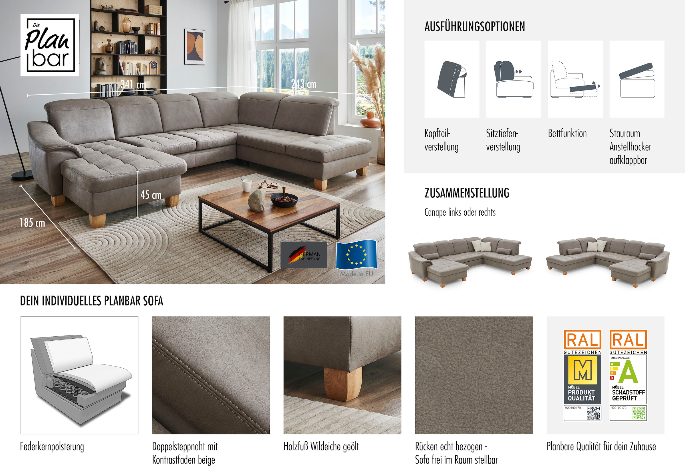 Die PlanBar Wohnlandschaft »PP-LA23145 U-Form« inkl. Kopfpolsterverstellung, Federkernpolsterung