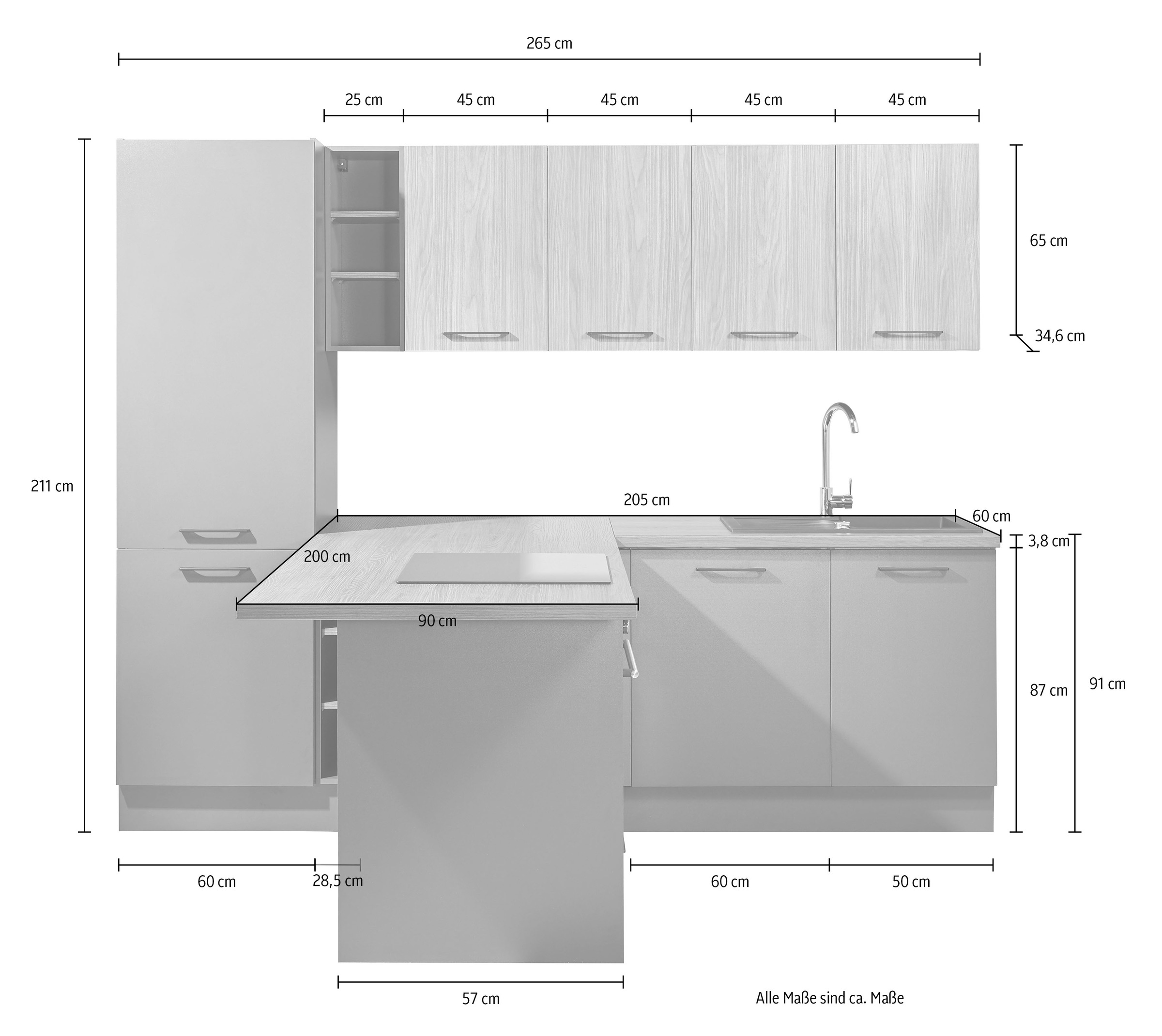 BASIC by Balculina Küchenzeile »Girona B/H/T 265x211x200 cm« Breite 265cm, wahlweise mit E-Geräte, Softclose