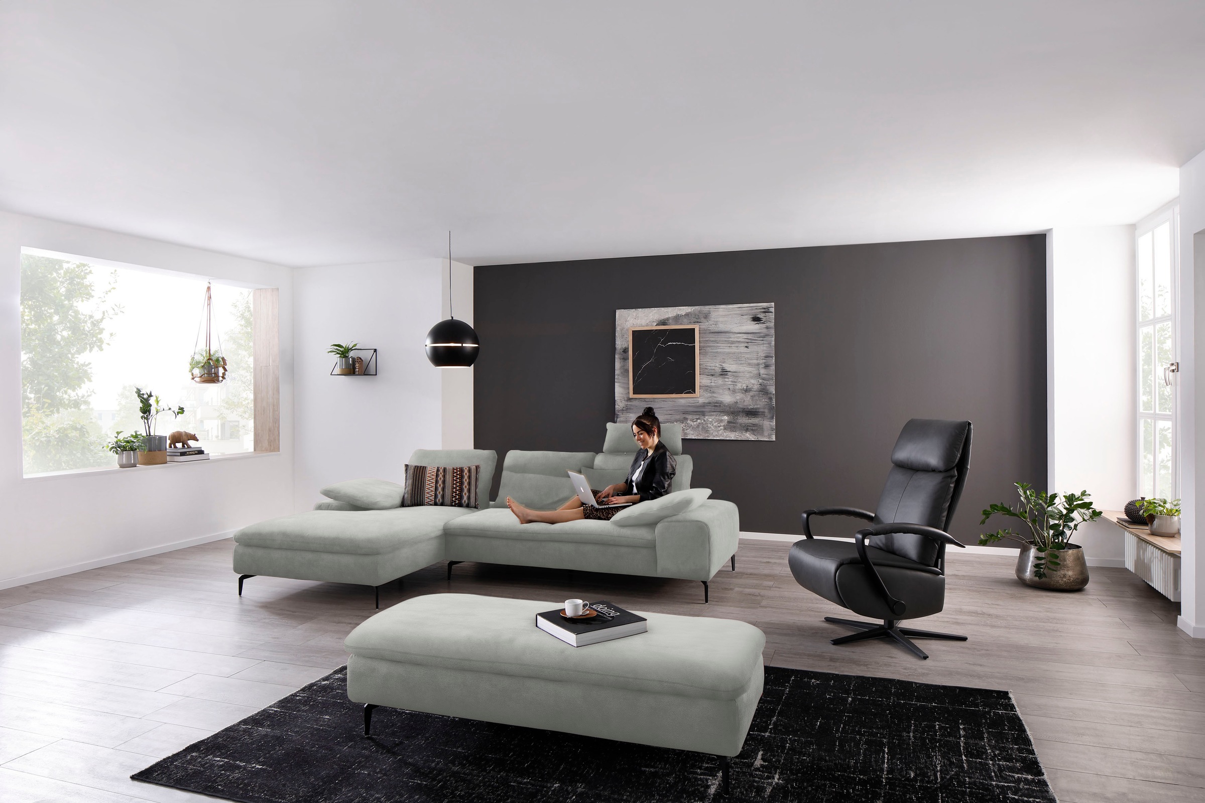 W.SCHILLIG Ecksofa »valentinoo, Designsofa, bequem, elegant und zeitlos, L-Form«, (Set), inklusive Hocker, mit Sitztiefenverstellung, Breite 299 cm