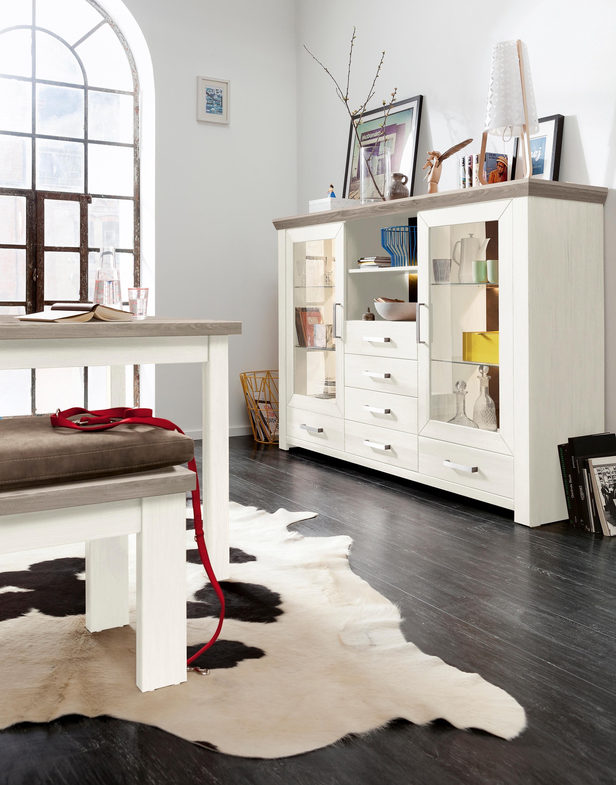 set one by Musterring Highboard »York« Typ 56, mit Glastüren, Beleuchtung optional, B 184 cm