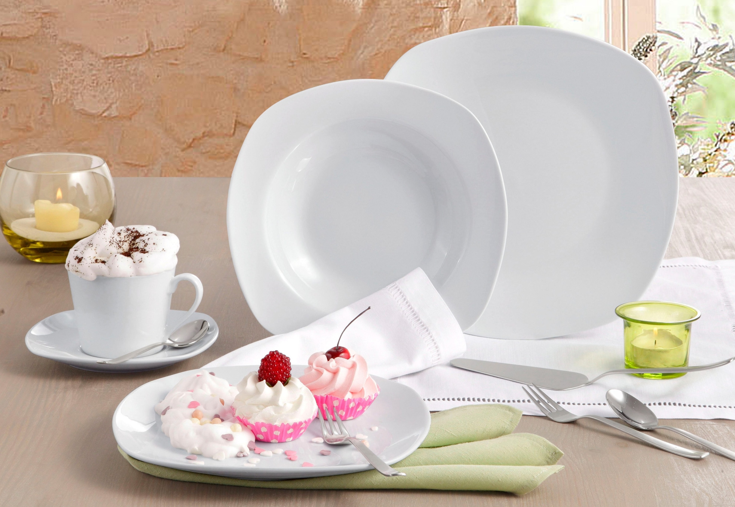 CreaTable Kombiservice »Geschirr-Set XXL Jahren Personen), Kaffeeservice für Service, mit 3 (Set, tlg., Form, Personen 6 und weiß, Set, quadratische für 6 30 Tafelservice 30 Amelie«, Teile, Garantie im