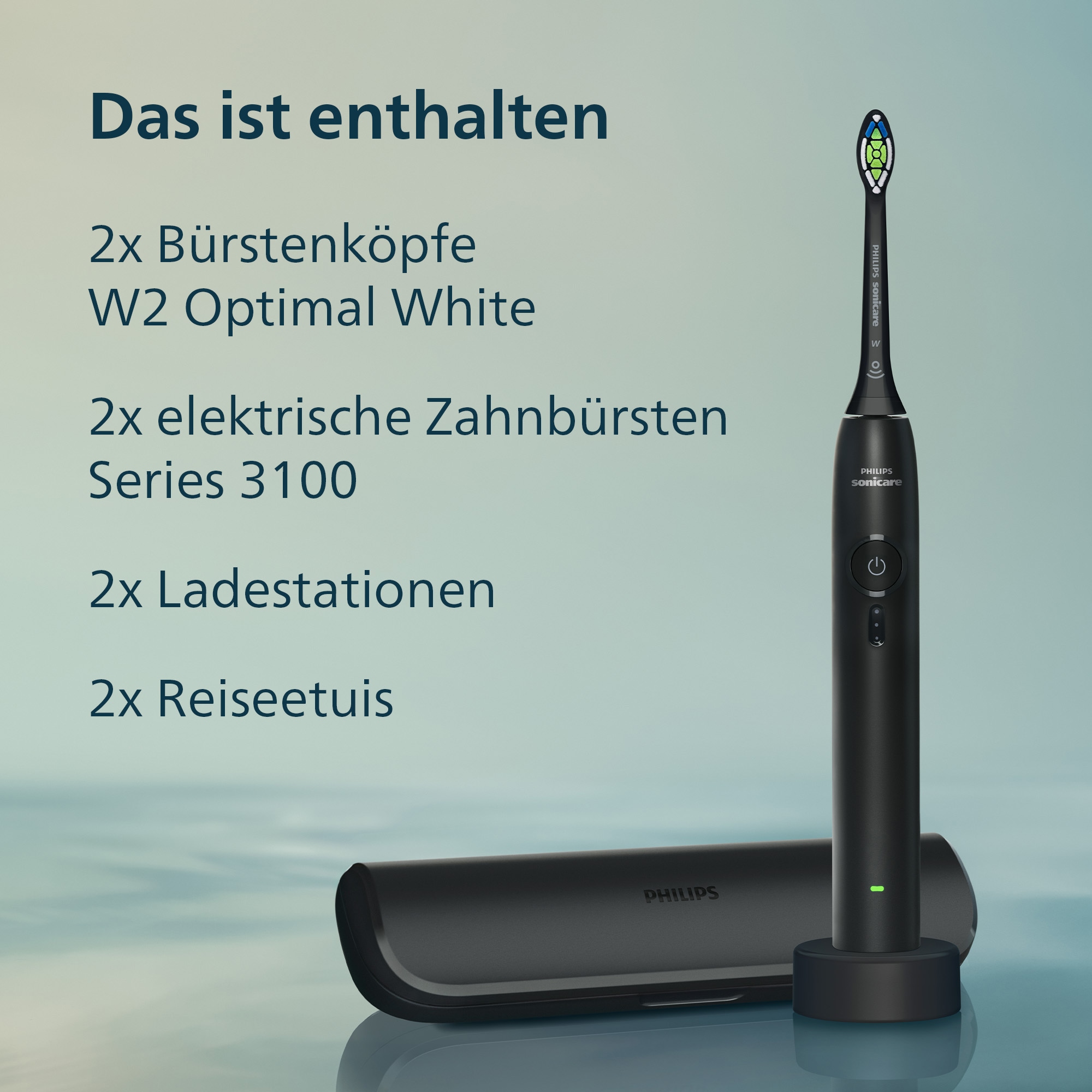 Philips Sonicare Elektrische Zahnbürste »Series 3100« 2 Stk. Aufsteckbürsten mit  Drucksensor, 3 Intensitätsstufen, inkl. Reiseetui und Ladegerät