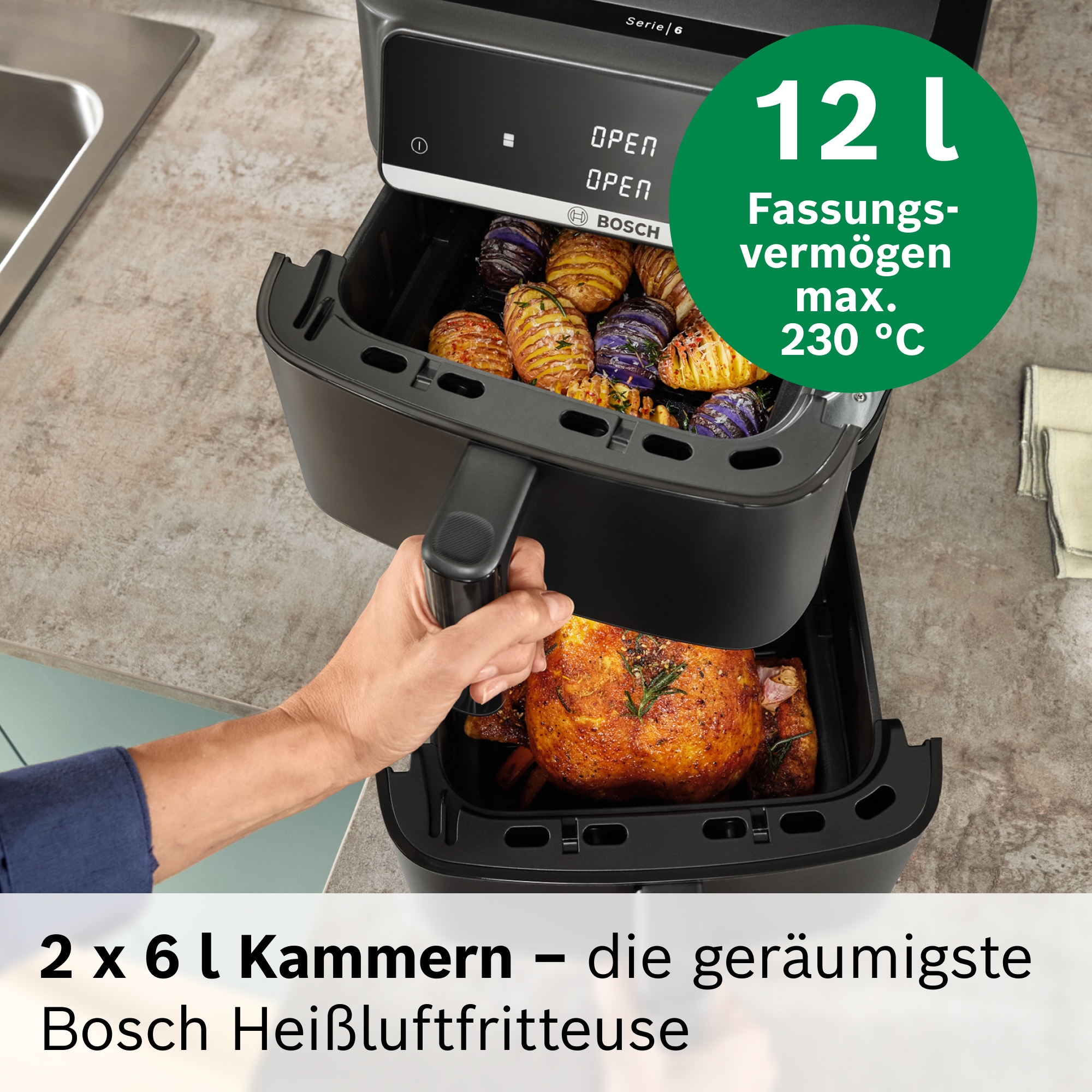 BOSCH Heißluftfritteuse »Serie 6 MAFD661B0, XXL Heißluftfritteuse, 12L, PFAS frei, Doppelkammer« 2800 W platzsparend, einfache Reinigung, weniger Fett, 6 Programme, schwarz