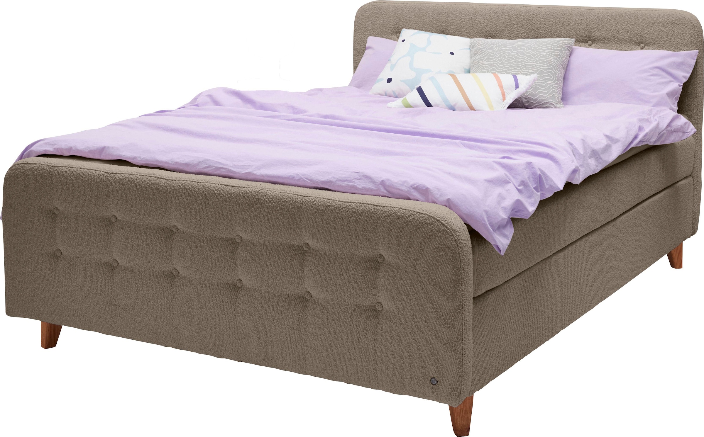 Boxspringbett »NORDIC BOX«, mit Knopfheftung, in weichem Bouclé-Stoff, Füße in Buche...