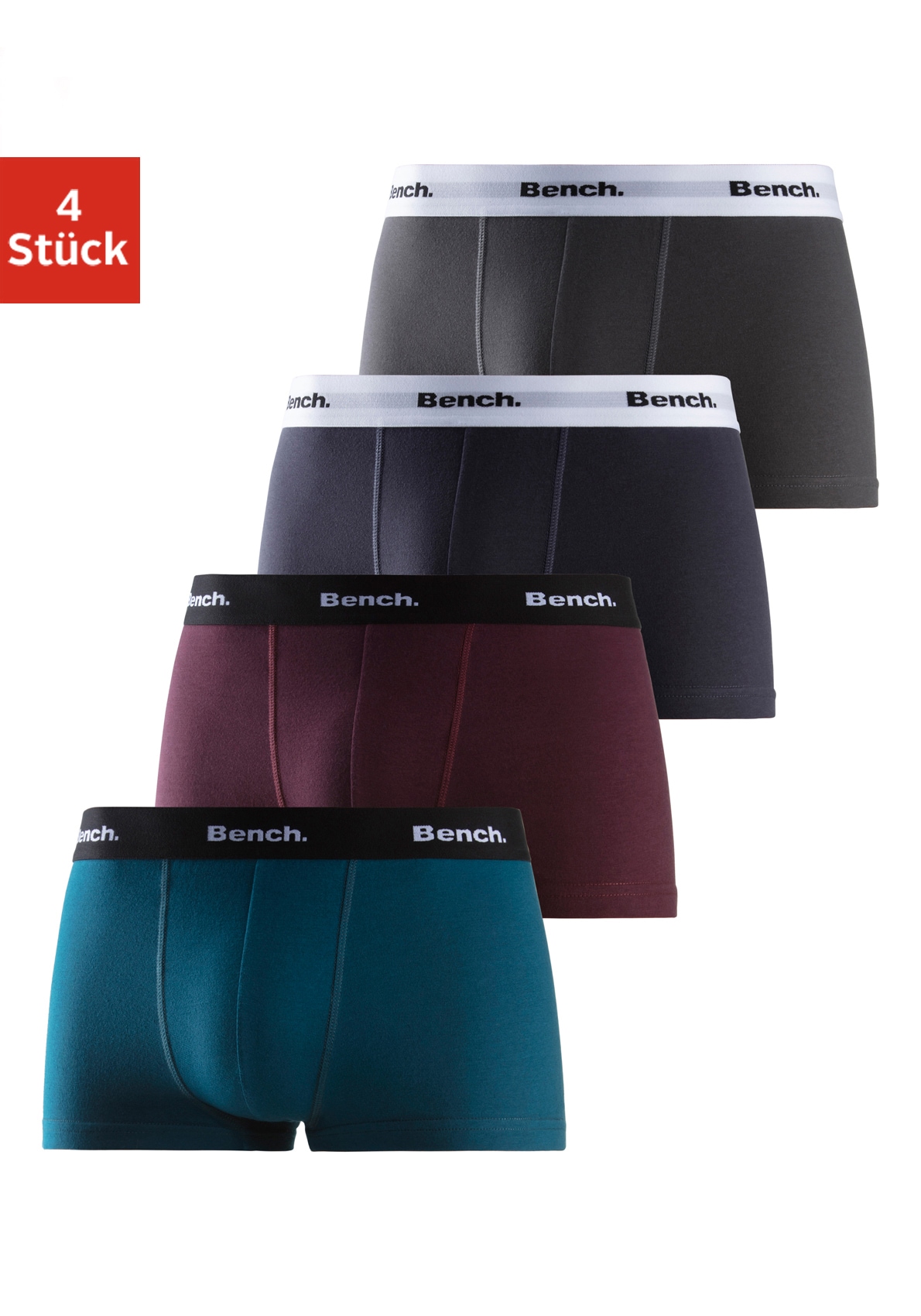 Bench. Boxershorts, (Packung, 4 St.), in Hipster-Form mit kontrastfarbenem Bund