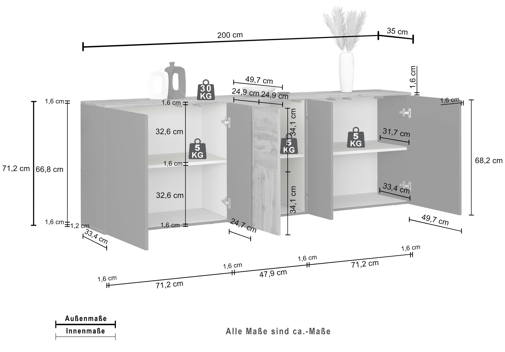 OTTO home Sideboard »ISEO, Kommode, Schrank, Sideboard, Lowboard, 6 Fächer, Breite 200 cm« 1 Stk. tlg. stehend/hängend, 5 Türen, 6 Fächer, Breite 200 cm