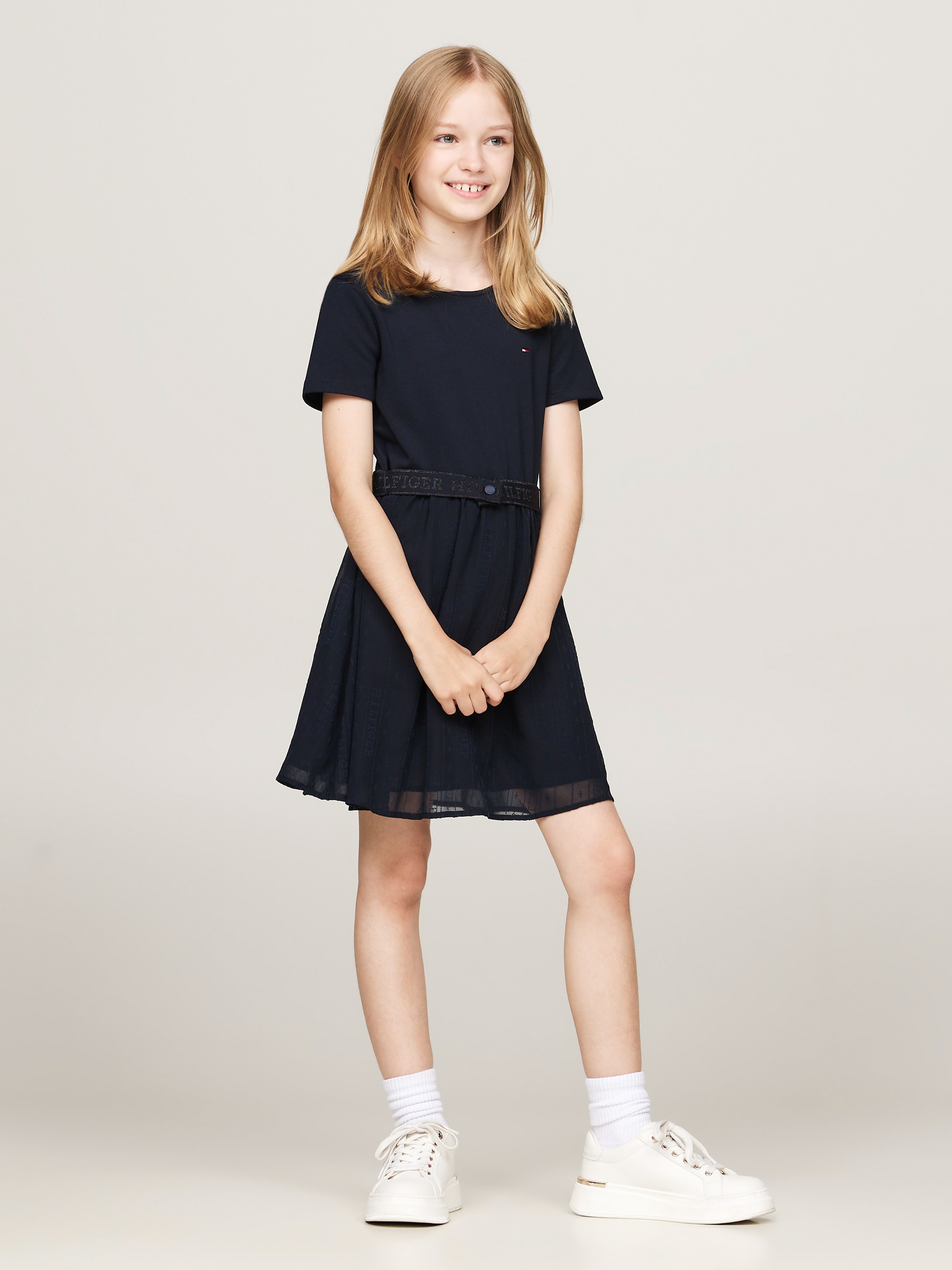 Tommy Hilfiger A-Linien-Kleid »HILFIGER PUNTO TULLE DRESS LS«, mit Logo auf Taillenbund