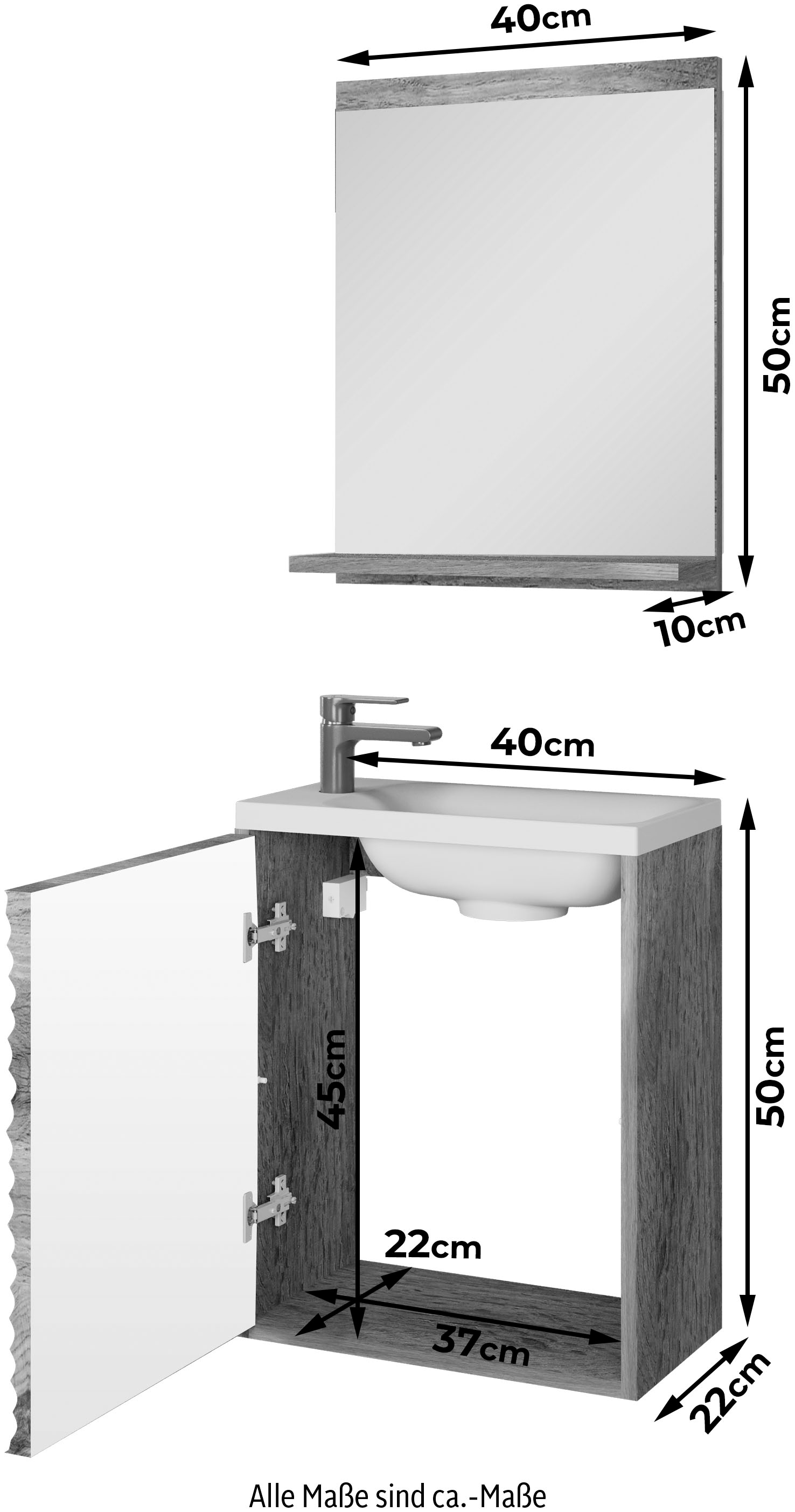 welltime Badmöbel-Set »Canada«, (Komplett-Set, 2 St., Fronten mit Wellenstruktur), Badmöbel mit Soft-Close, Gästebad Waschtisch mit Becken und Spiegel