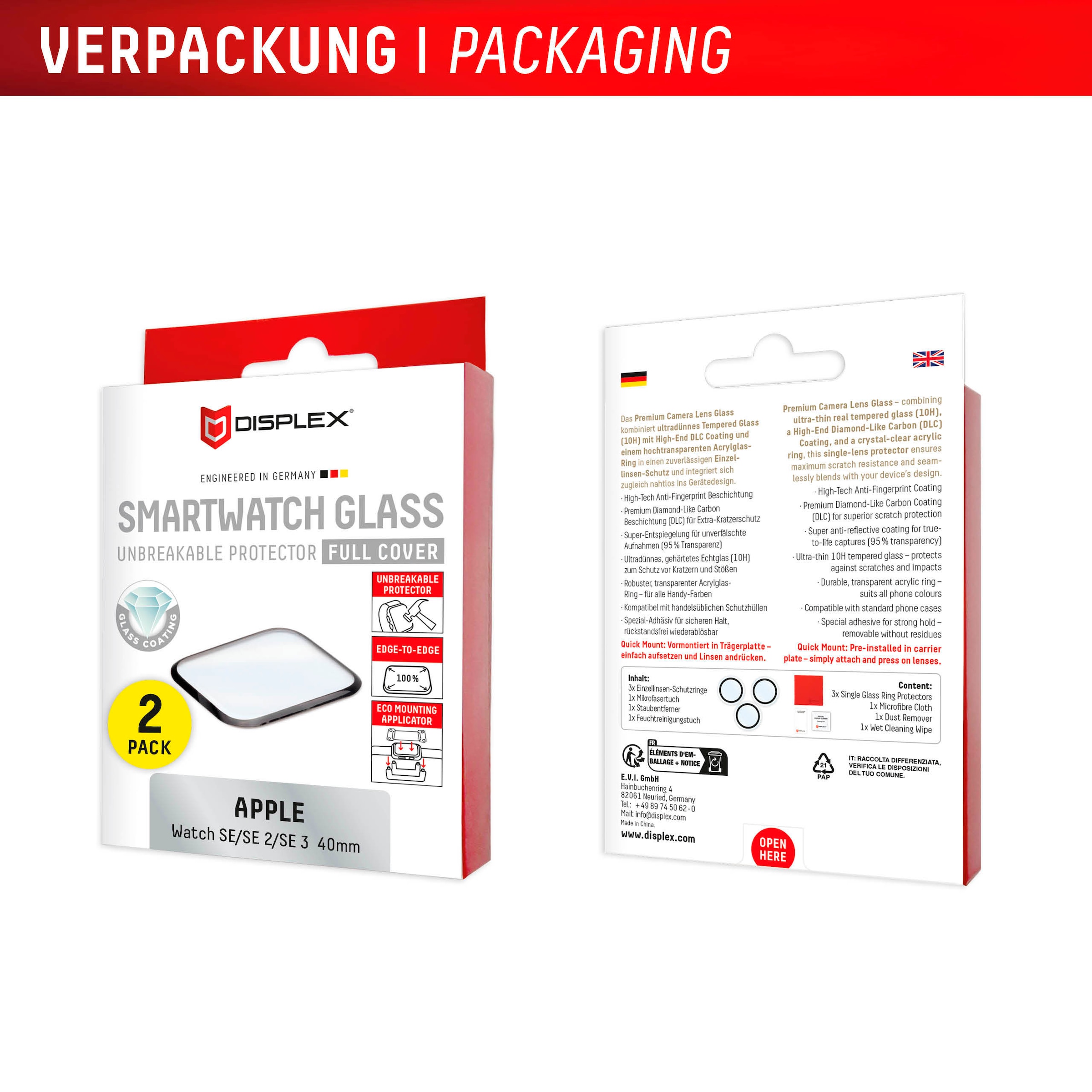 Displex Displayschutzglas »Smartwatch Glass Unbreakable Protector Full Cover« für Apple Watch SE 40 mm;Apple Watch SE 2 40 mm;Apple Watch SE 3 40 mm Packung, 2x Acrylglas Protector,  Displayschutzfolie, Bildschirmschutz, kratz- & stoßfest