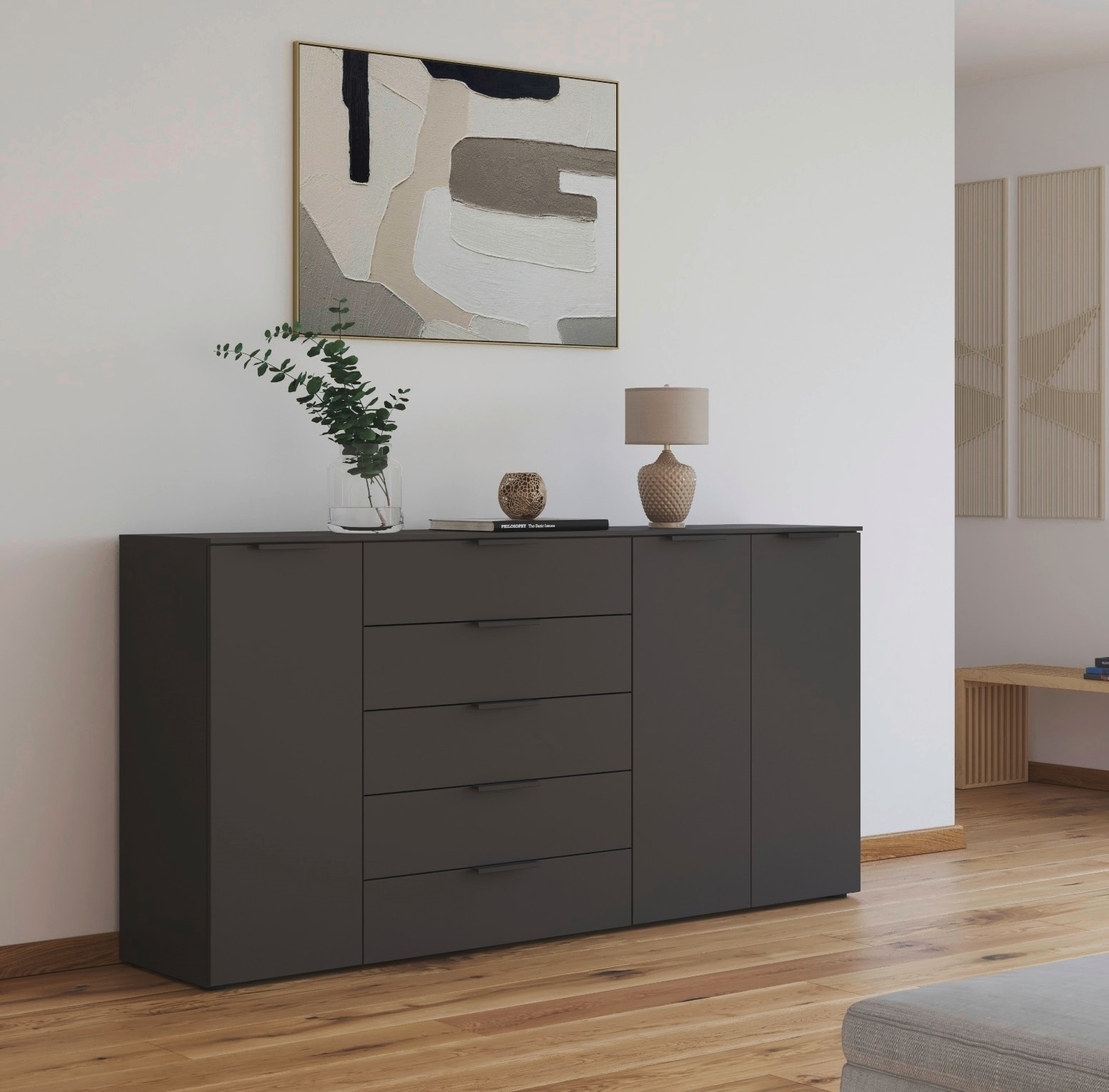 rauch Schubkastenkommode »Kommode Türkommode Sideboard Kombikommode FLIPP«, (Breite 200 cm mit 4 Einlegeböden), 3-türig mit 5 Schubladen und Soft-Close-Funktion