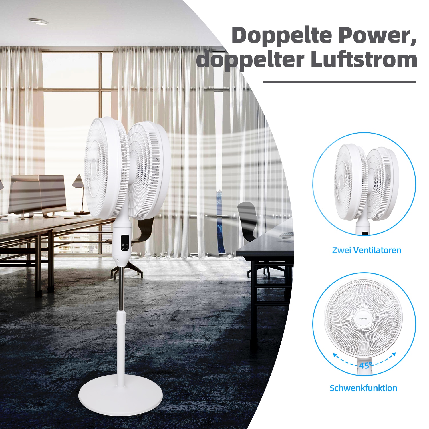 be cool Standventilator »Doppelstandventilator 2x45cm«, zwei Ventilatorenköpfe, 12-stufig, Fernbedienung