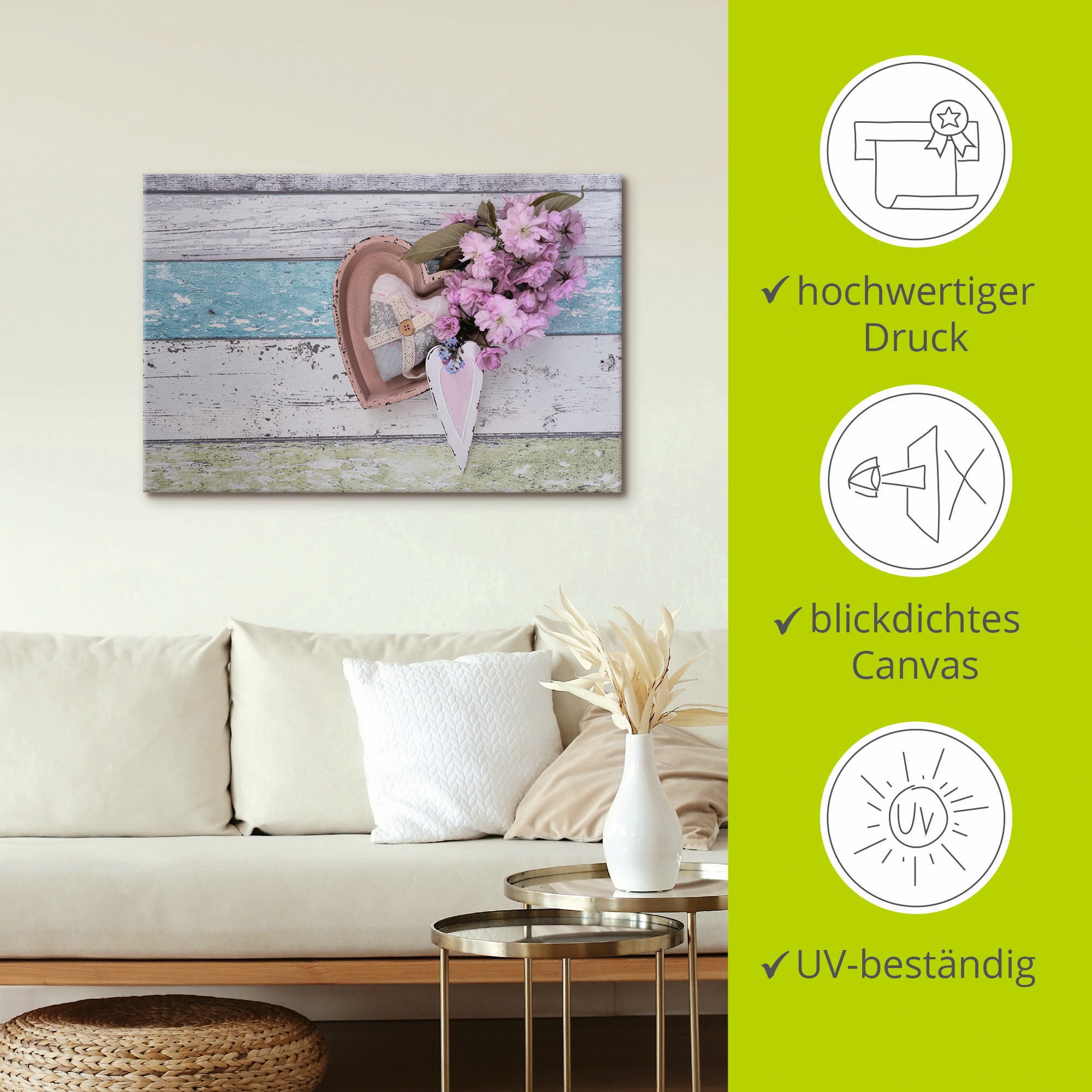 Artland Leinwandbild »Stillleben mit Kirschblüten und Herzen«, Arrangements, (1 St.), auf Keilrahmen gespannt