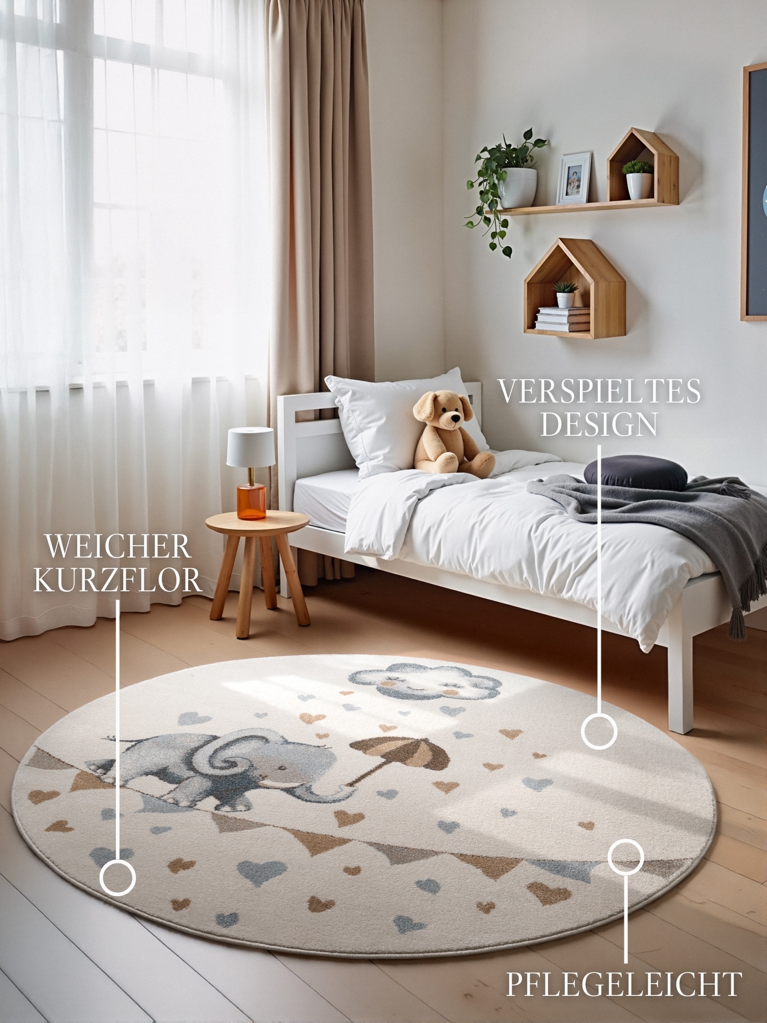 Villeroy & Boch Kinderteppich »Walk like an Elephant Rainy« rund 9 mm Höhe Spielteppich weich, Kinderzimmer, Boho Kids Spielunterlage, Tieremotiv