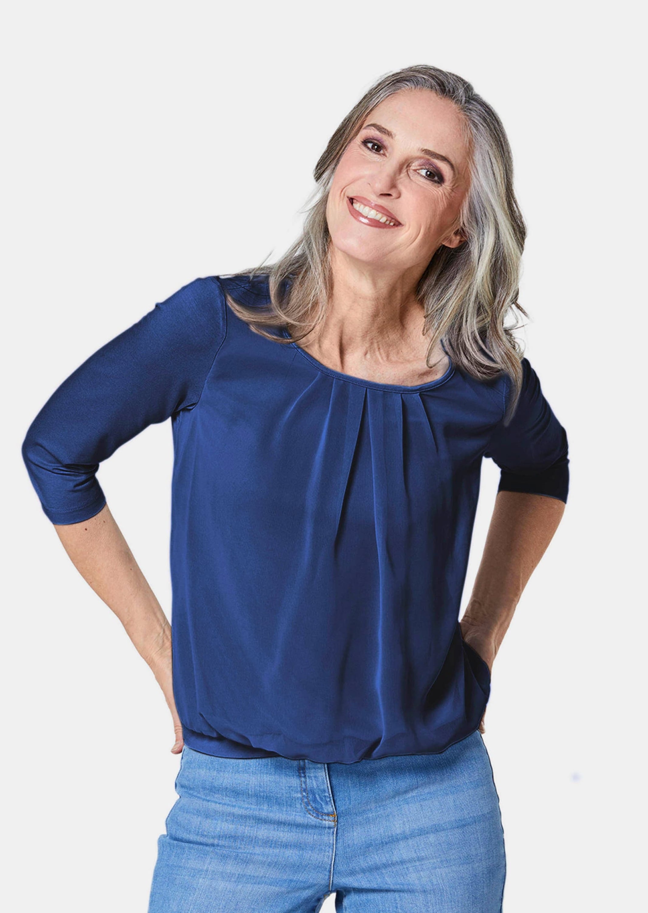 GOLDNER Kurzarmbluse »Kurzgröße Chiffon-Shirt mit 3/4-Arm, Rundhals«