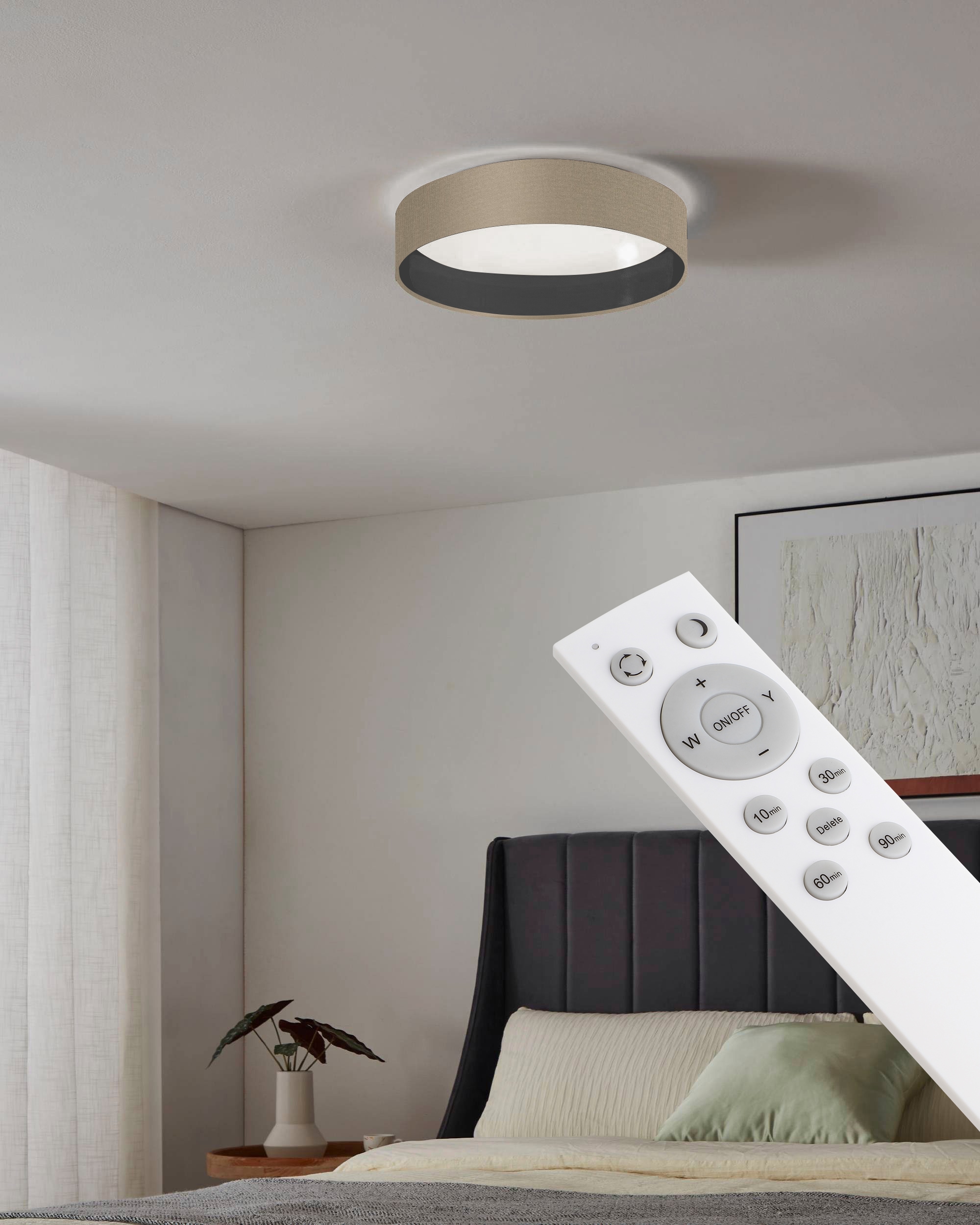 Leonique LED Deckenleuchte »Juria«, 1 flammig, Leuchtmittel LED-Modul | LED fest integriert, Deckenlampe Ø38 x H9 cm mit Textil-/Stoffschirm, CCT, Fernbedienung
