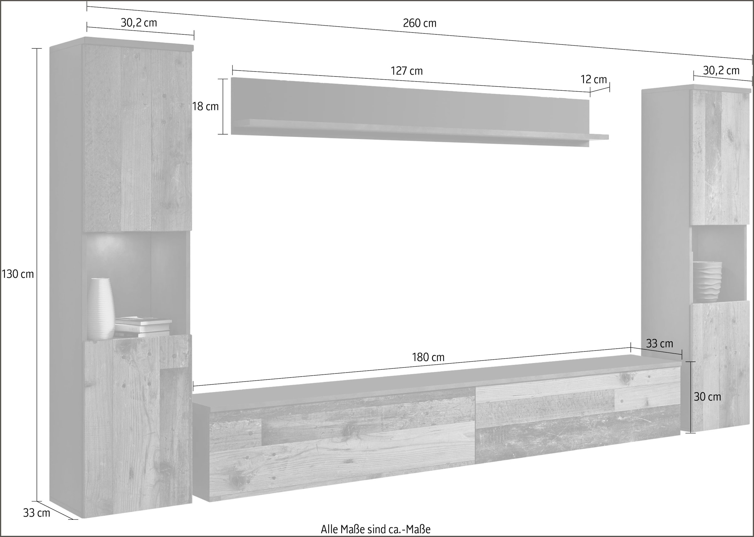 INOSIGN Wohnwand »PARIS«, (Komplett-Set, 4 St.), TV-Wand 260cm breite, grifflose Design, stehend und hängend montierbar