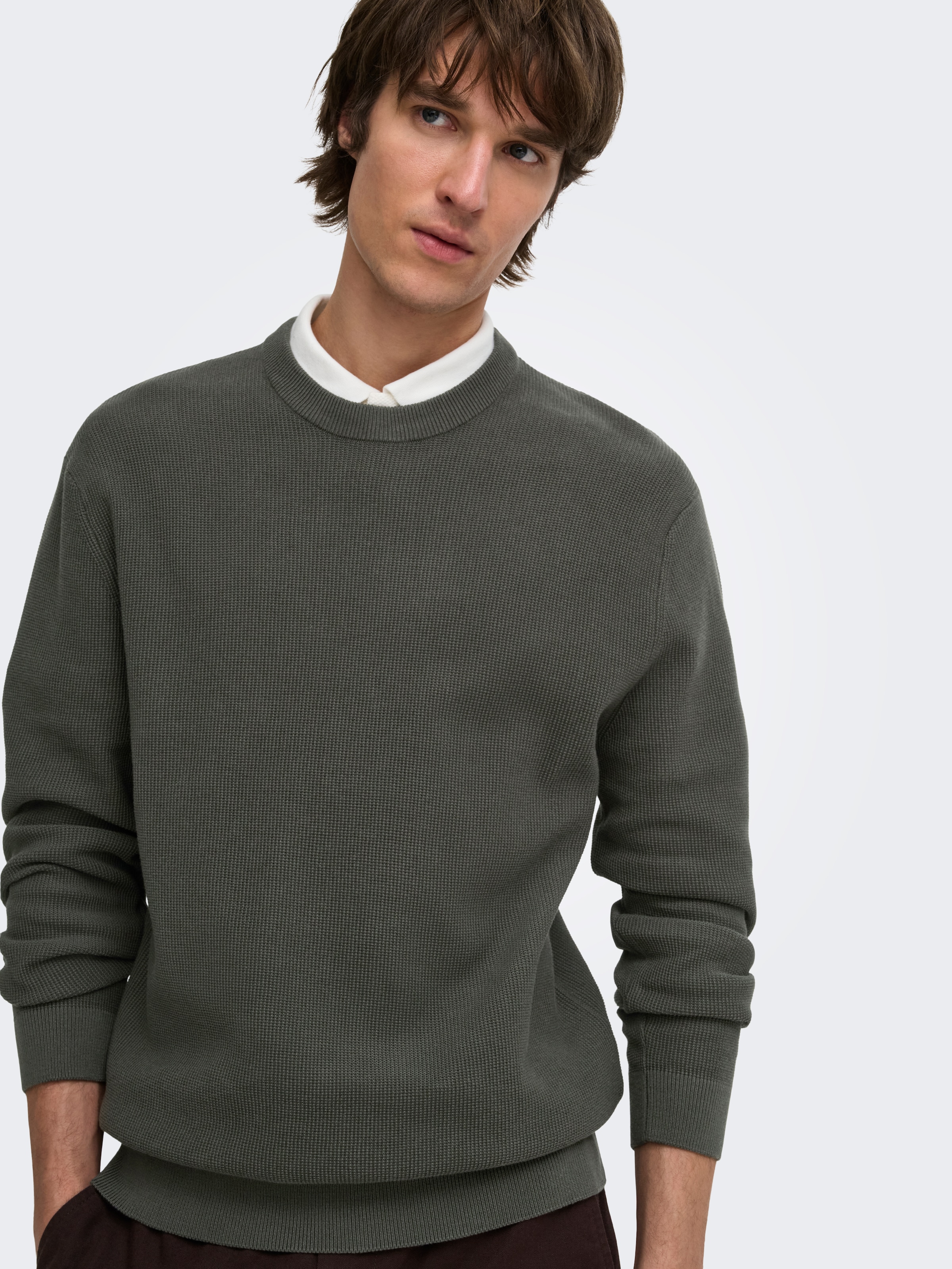 ONLY & SONS Rundhalspullover »ONSTONY DS 12 LS WAFFLE CREW KNIT« Baumwolle, relaxed fit