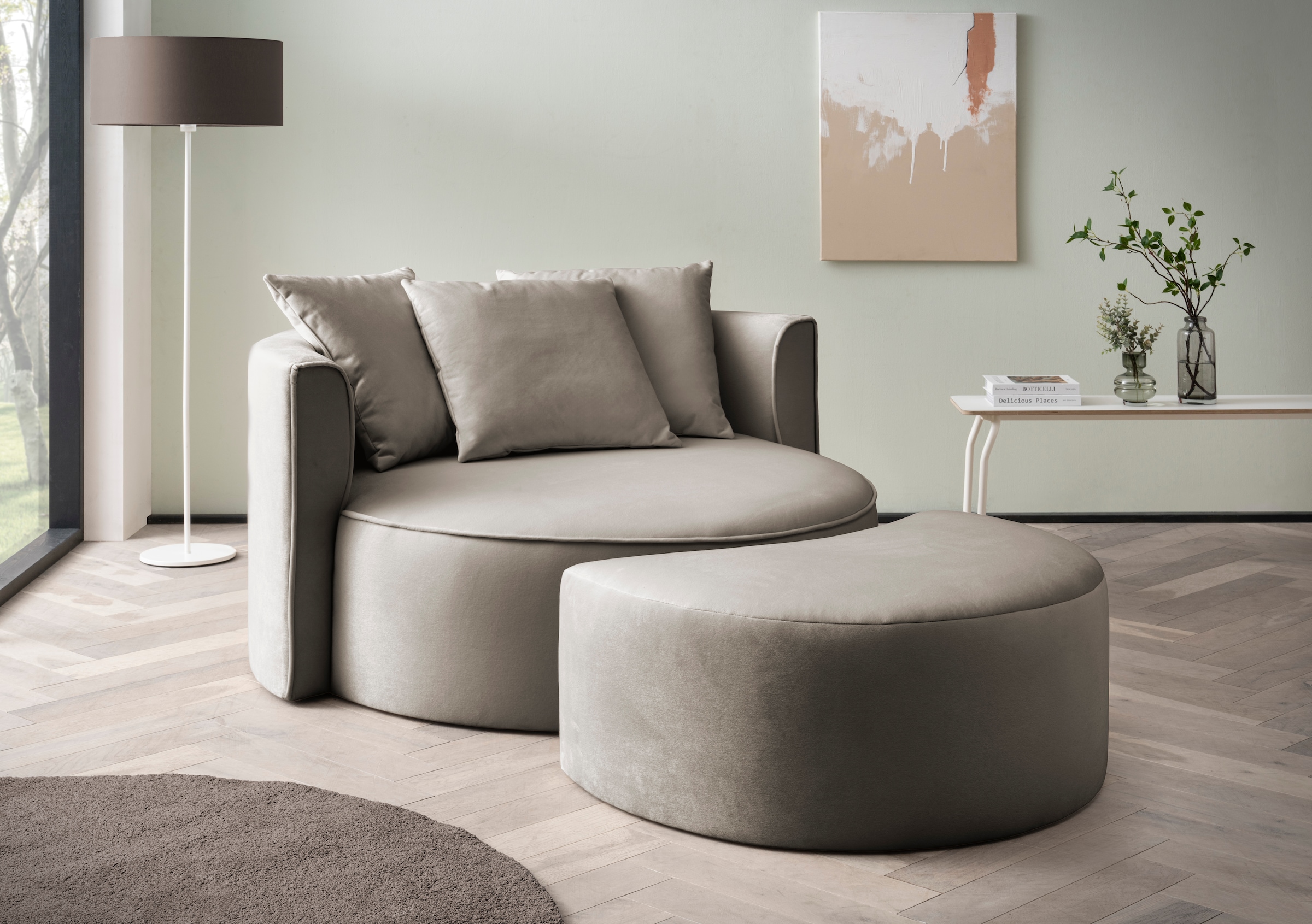 LeGer Home by Lena Gercke XXL-Sessel "ISALIE Samtoptik, Rundsessel m. Hocker, Lesesessel,Loveseat,Big-Sessel" Set, trendige Bezugsstoffe, 3 Zierkissen, große Sitzfläche